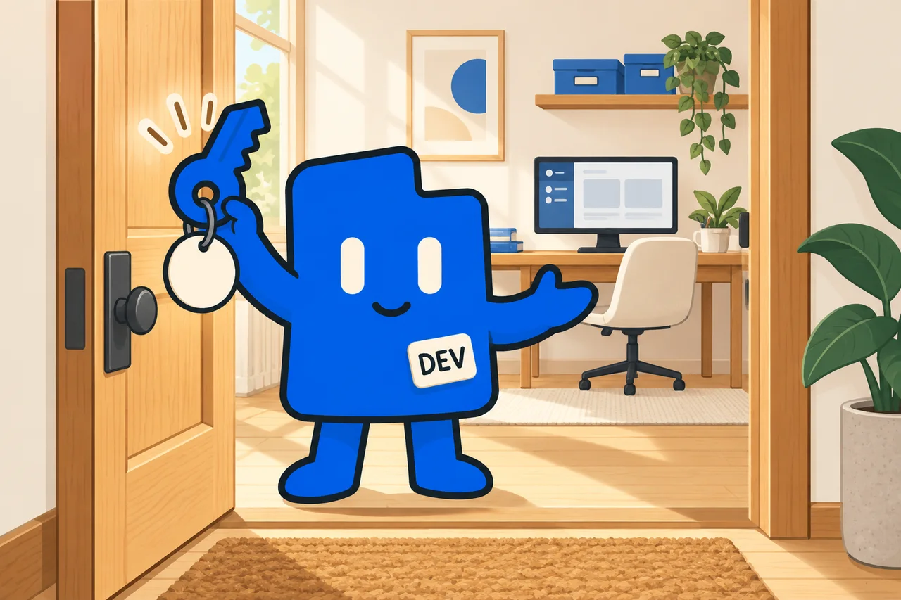 The DevLaunch companion stands in a doorway holding up a large key and welcoming you into the studio.