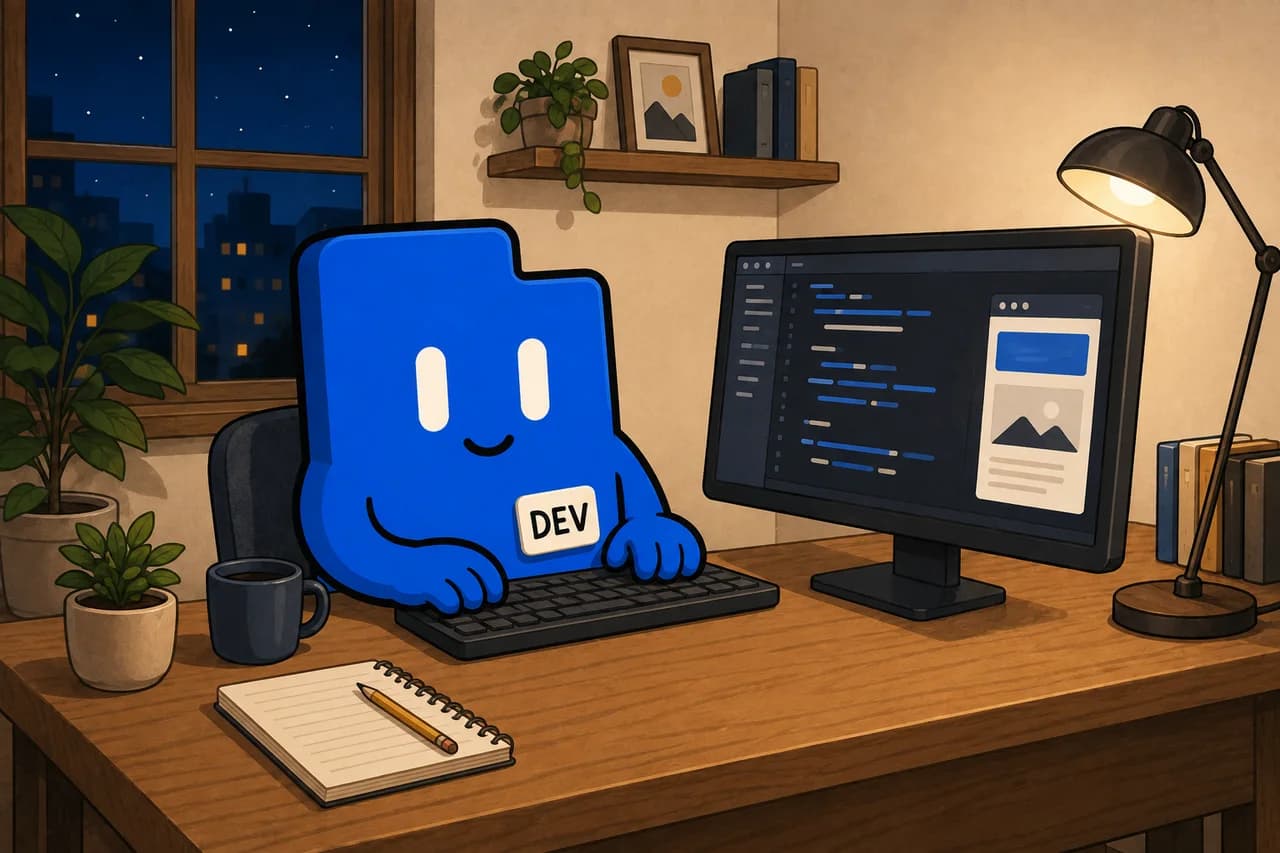 The DevLaunch companion works at a keyboard in a lamp-lit evening studio while a website takes shape on the monitor.