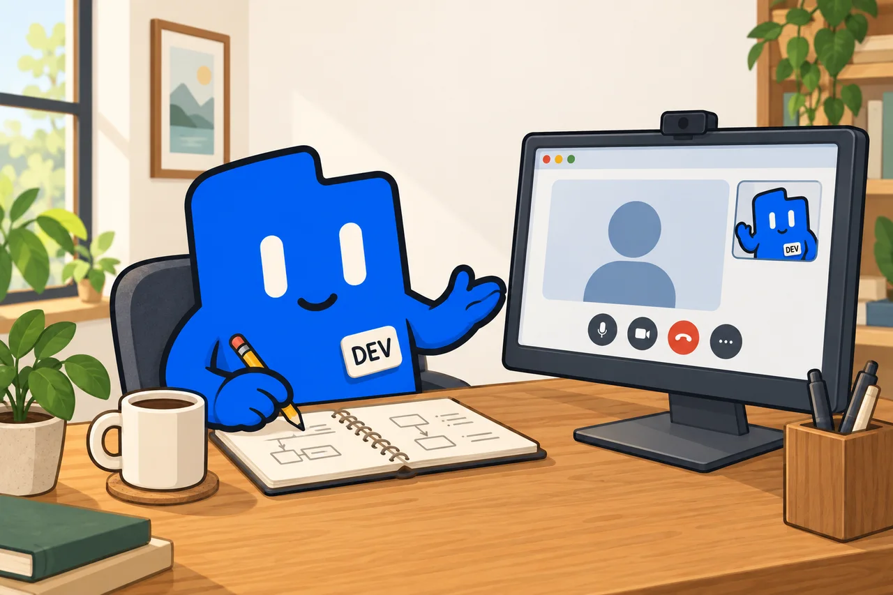 The DevLaunch companion talks through a plan on a video call with a notebook of sketches on the desk.