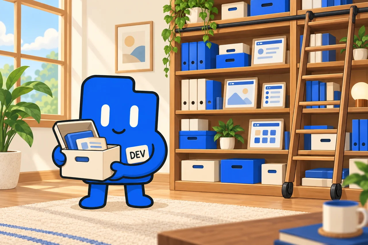 The DevLaunch companion holds an open box beside tall shelves of neatly organized boxes, binders, and app windows.