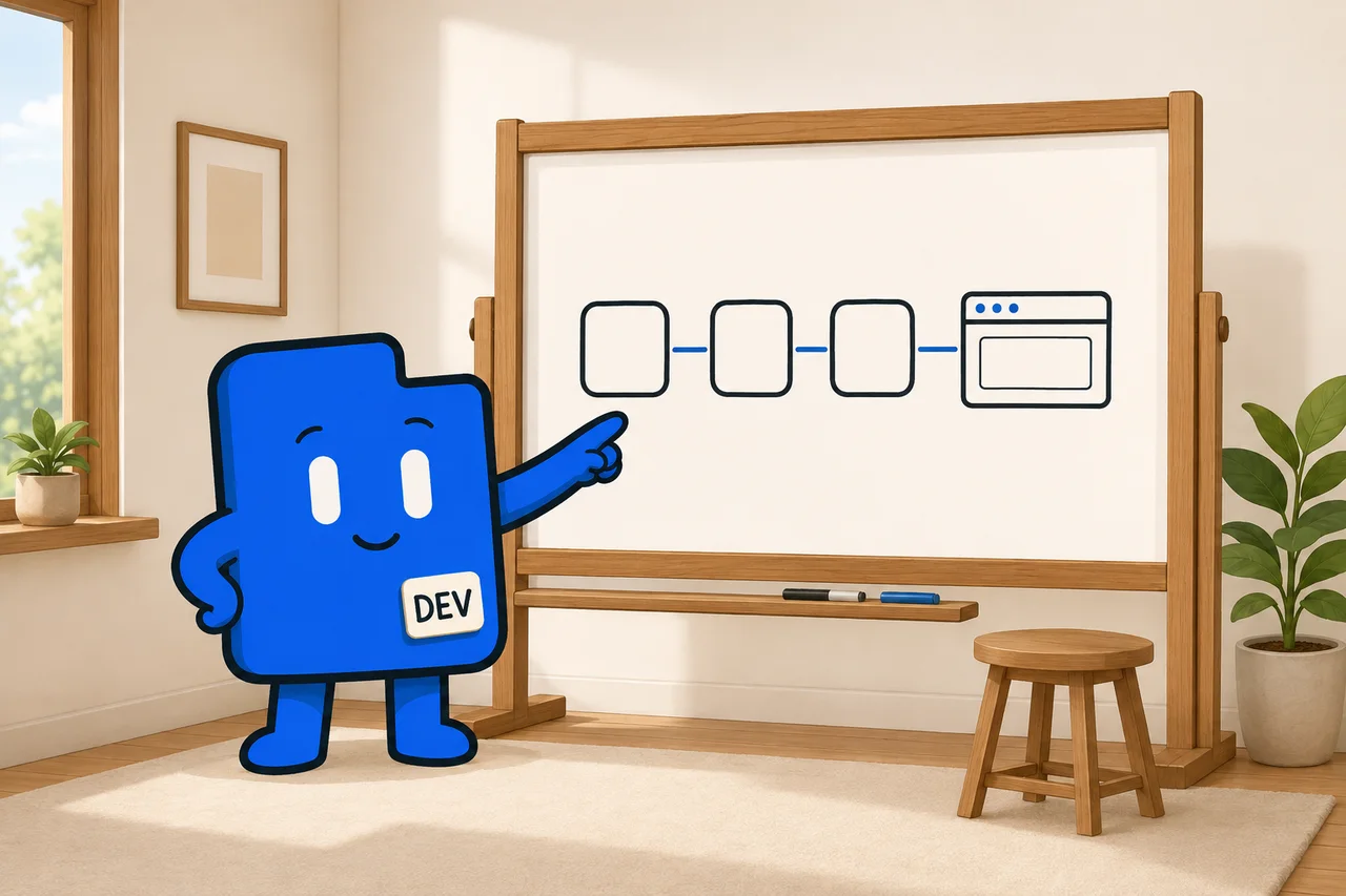 The DevLaunch companion points at a whiteboard showing four steps that end in a finished web page.