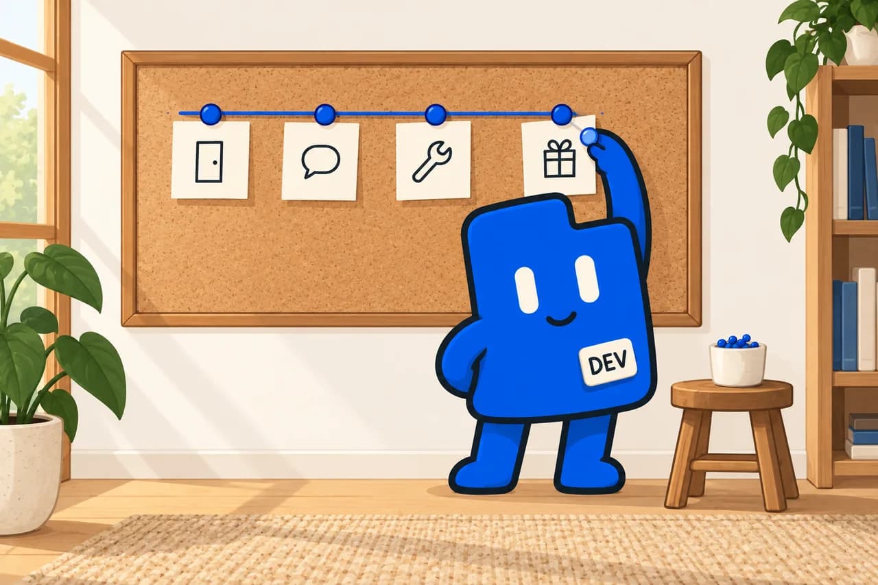 The DevLaunch companion pins the fourth card onto a roadmap strung across a cork board.