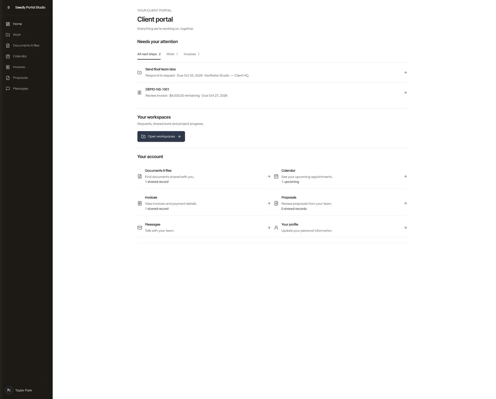 GoSeedly Client Portal home with sample work, documents, appointments, and invoices