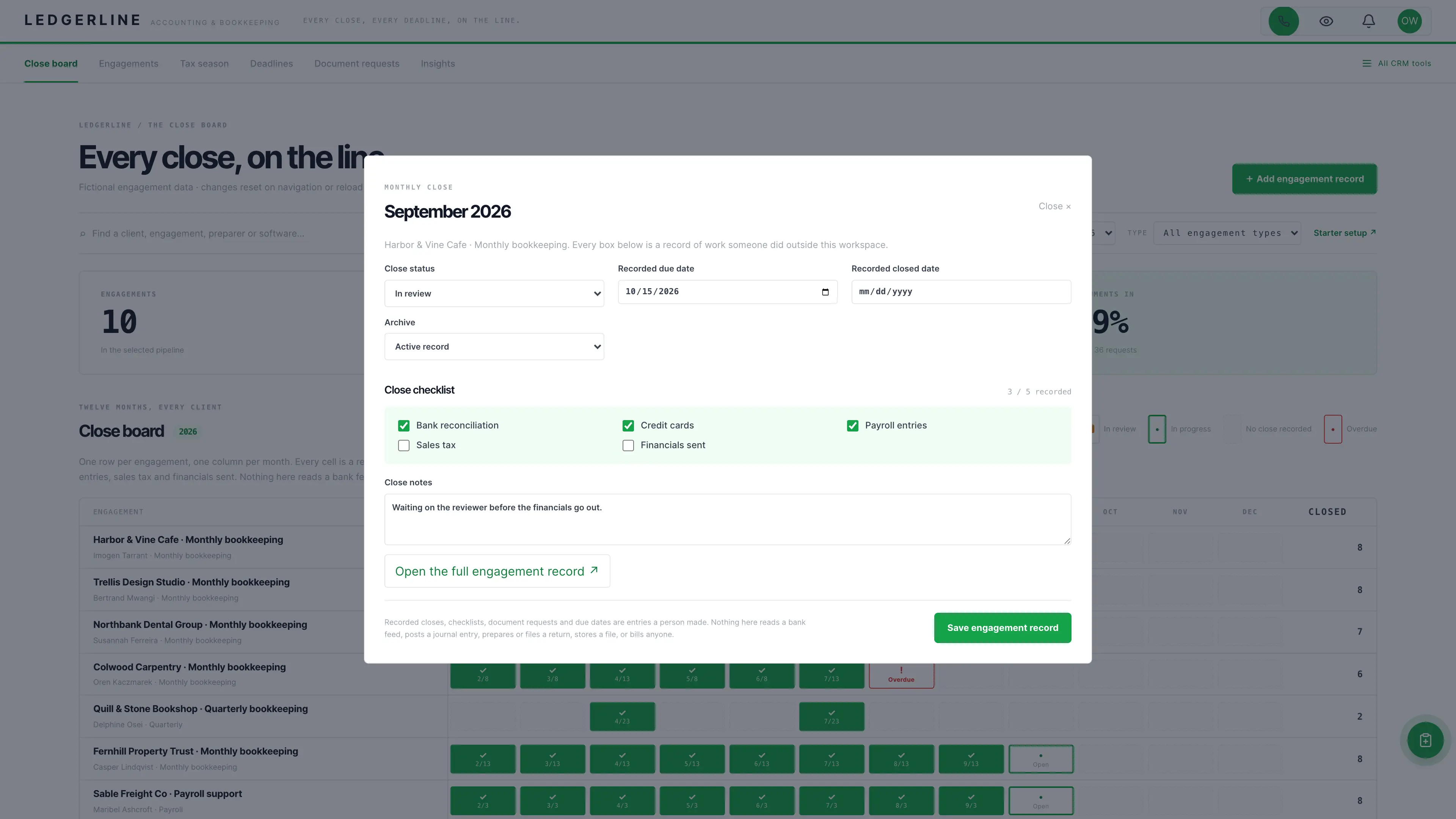 Close checklist in the GoSeedly Accounting & Bookkeeping Kit with fictional sample records