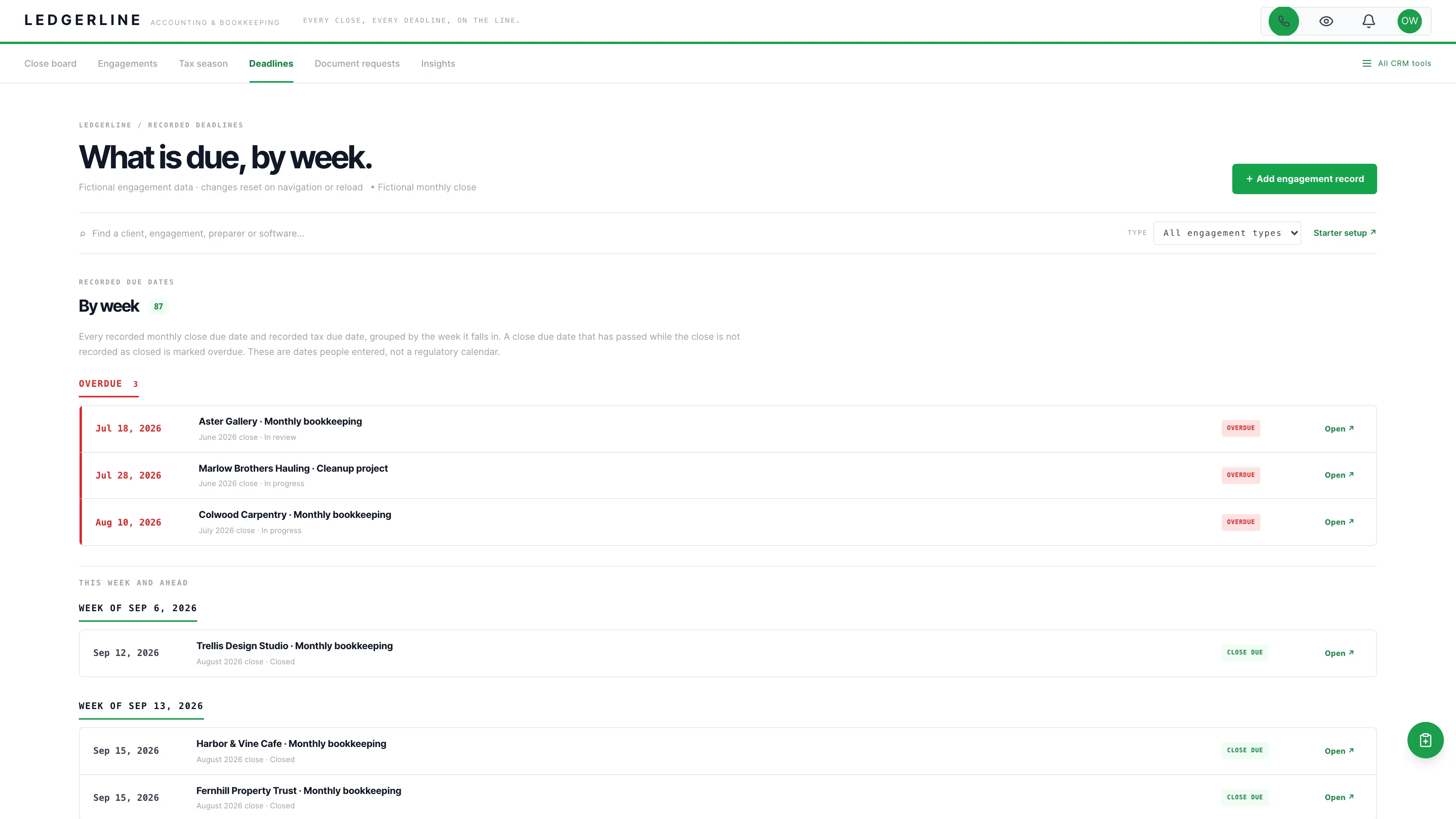 Deadlines in the GoSeedly Accounting & Bookkeeping Kit with fictional sample records
