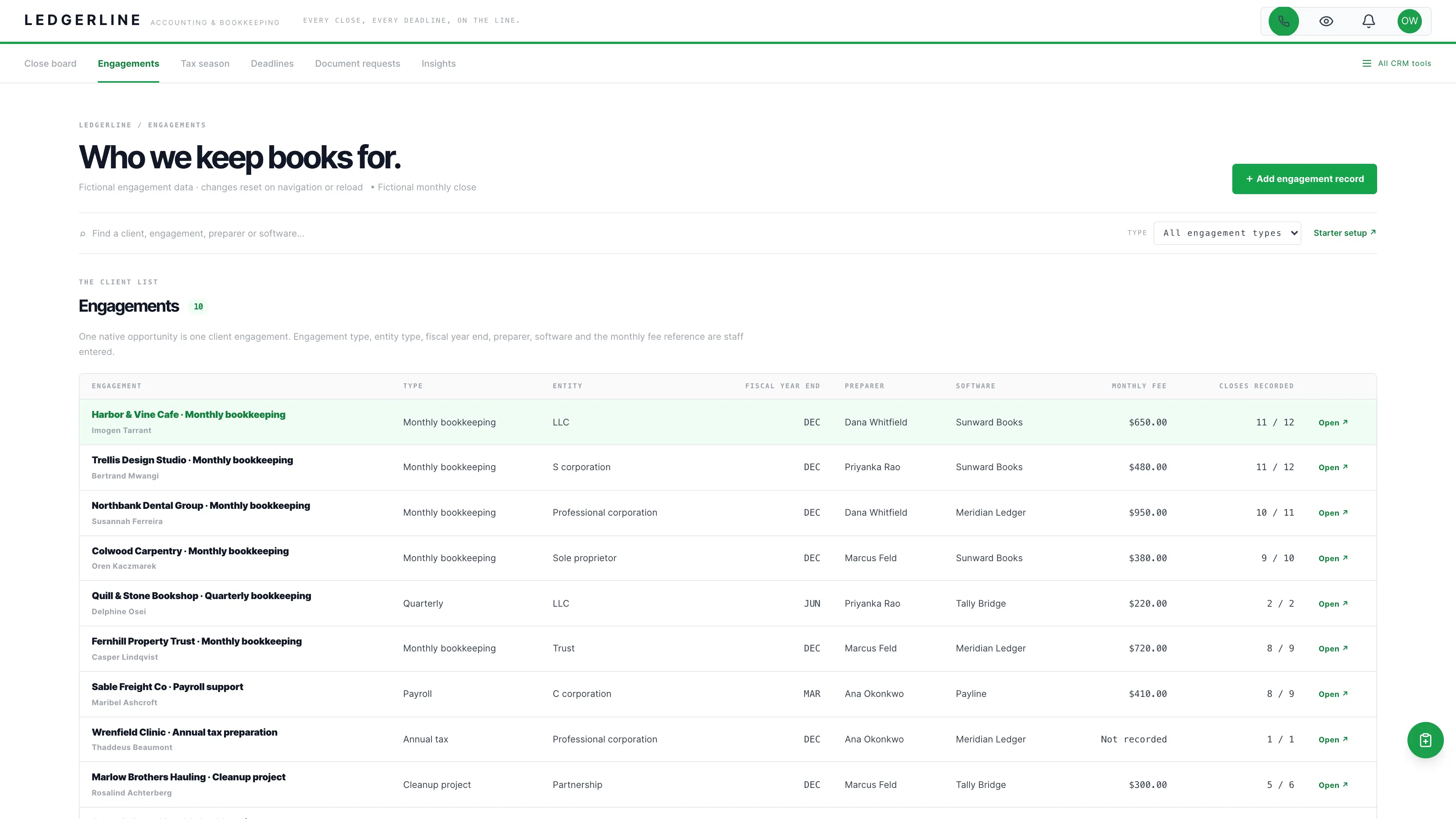 Engagements in the GoSeedly Accounting & Bookkeeping Kit with fictional sample records