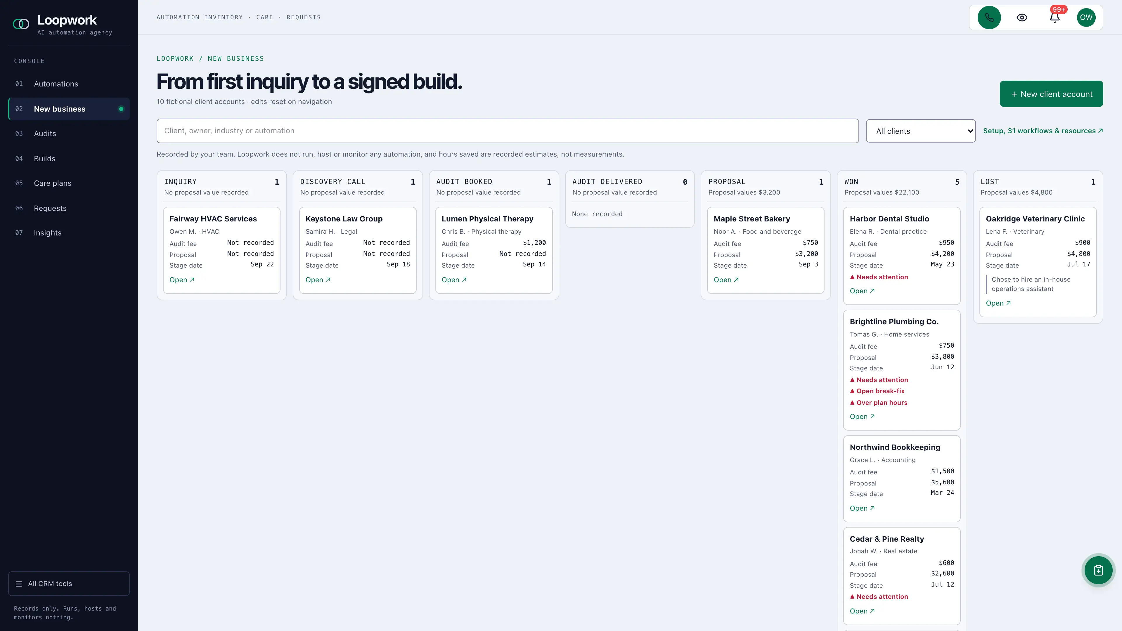 New business in the GoSeedly AI Automation Agency Kit with fictional sample records
