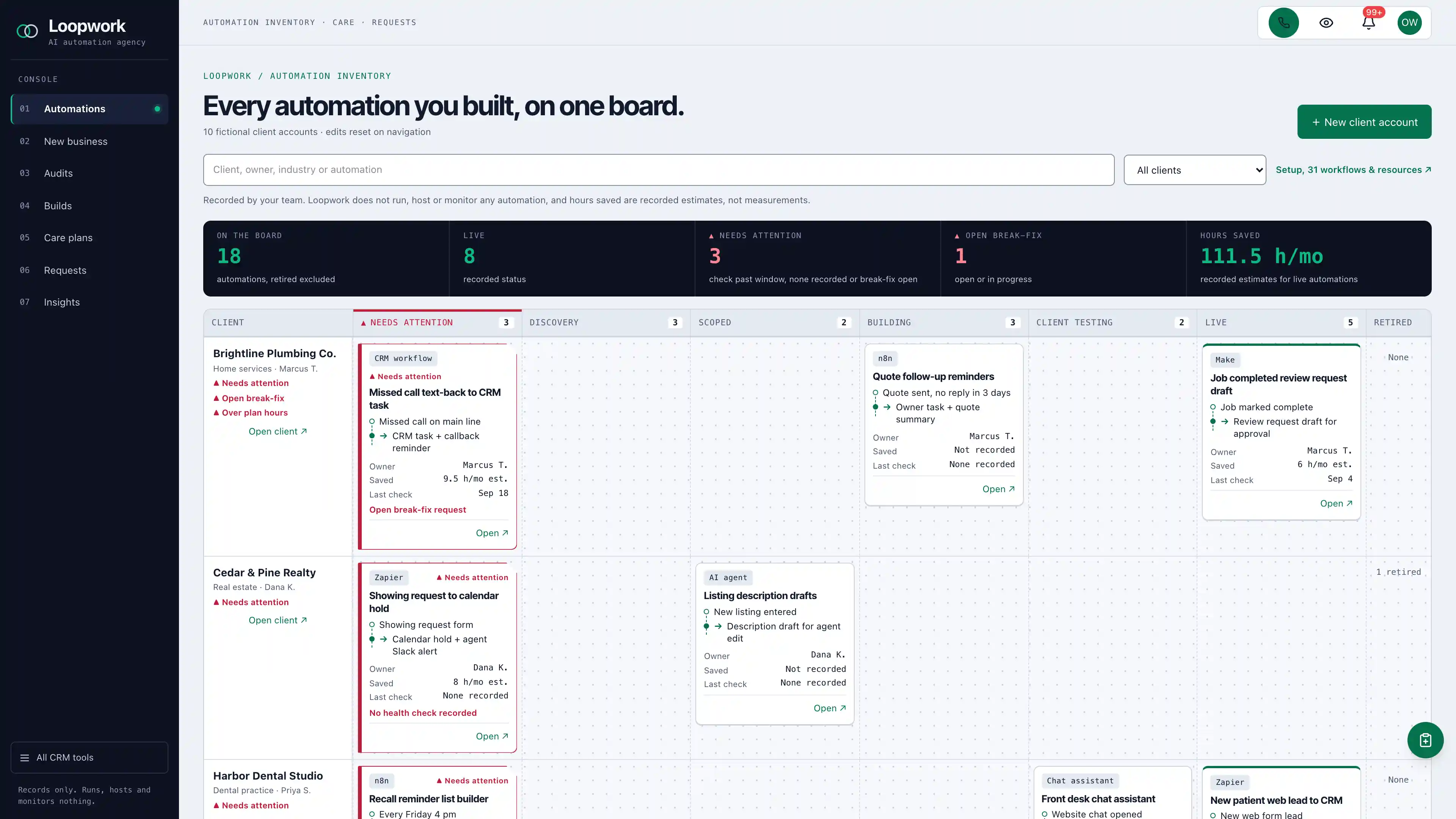 Blue-black console rail beside a grey automation inventory board of client swimlanes, jade live cards and notched needs-attention cards, using fictional sample data