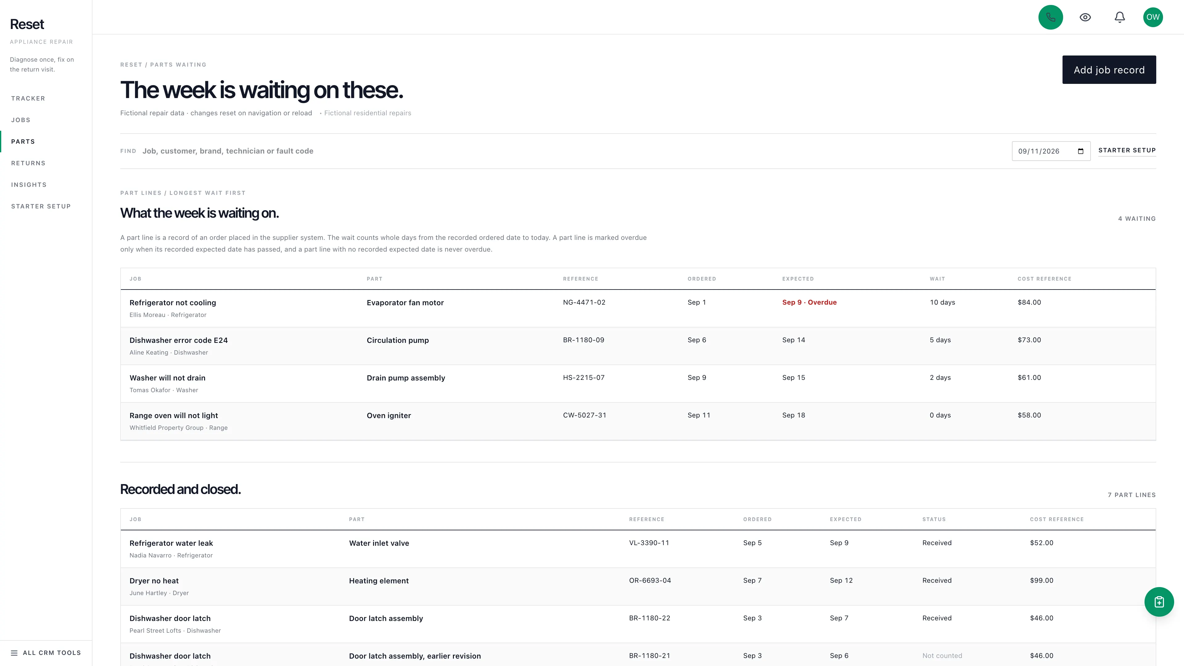 Parts waiting in the GoSeedly Appliance Repair Kit with fictional sample records