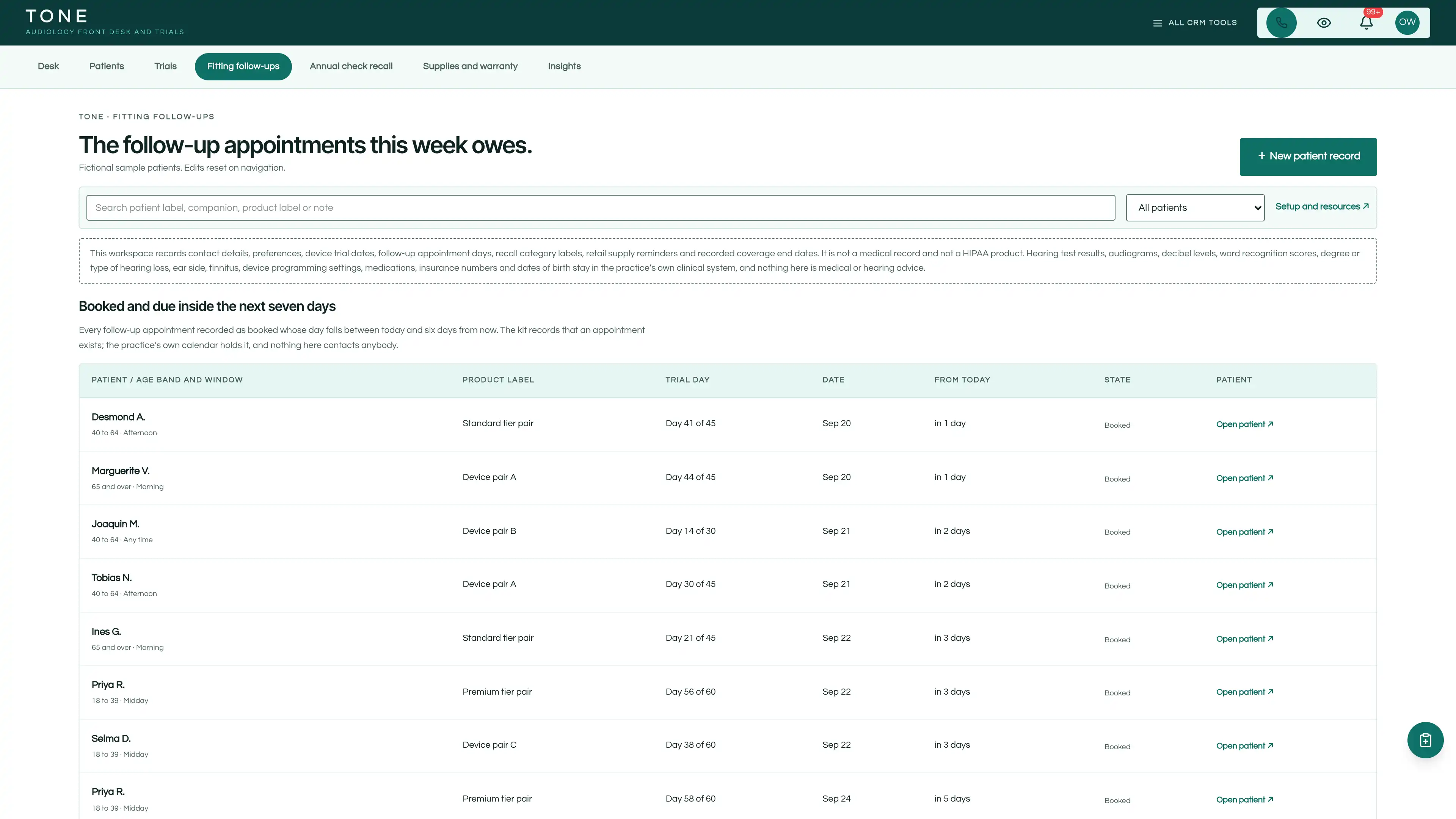 Fitting follow-ups in the GoSeedly Audiology & Hearing Kit with fictional sample records