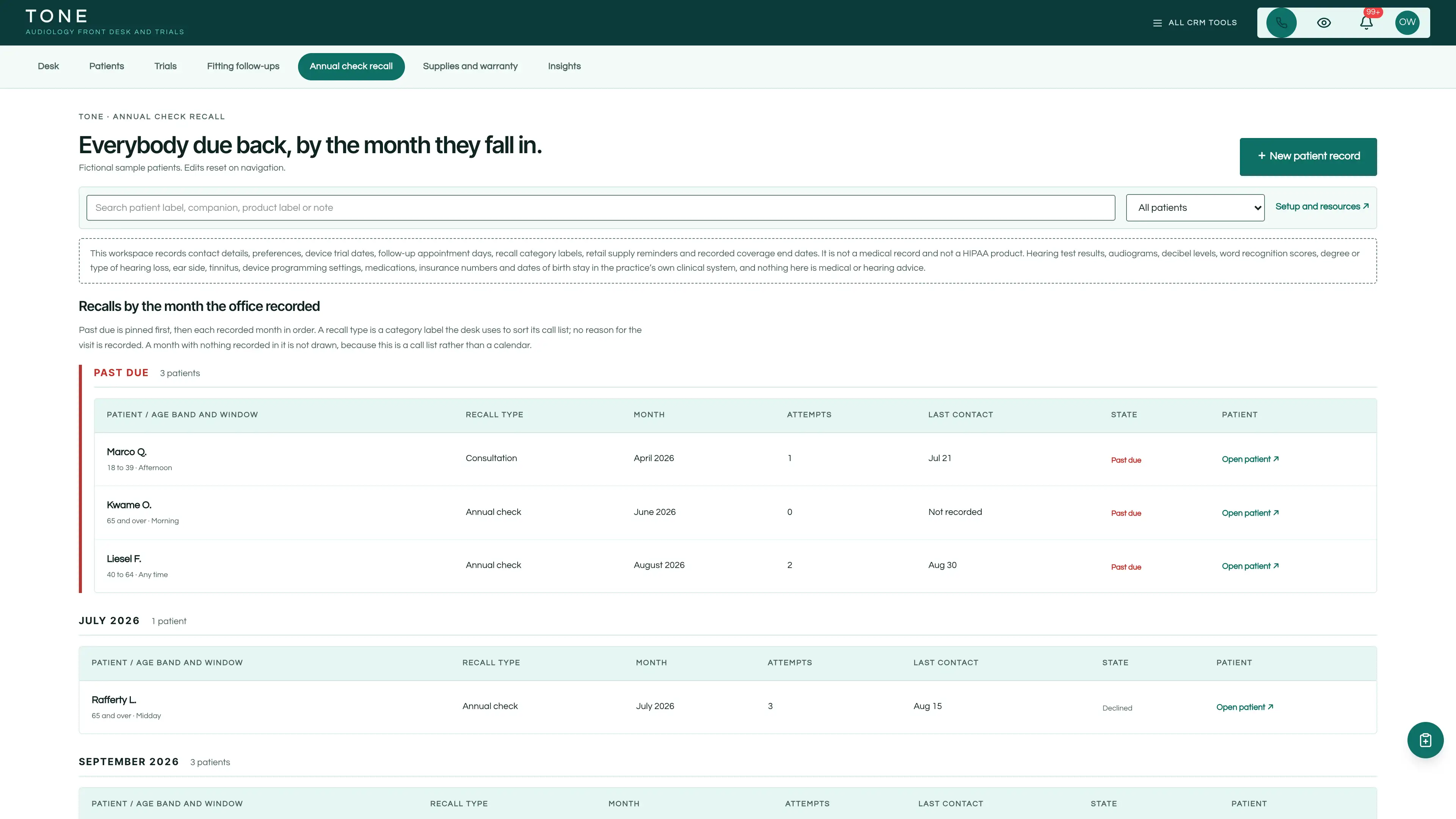 Annual check recall in the GoSeedly Audiology & Hearing Kit with fictional sample records
