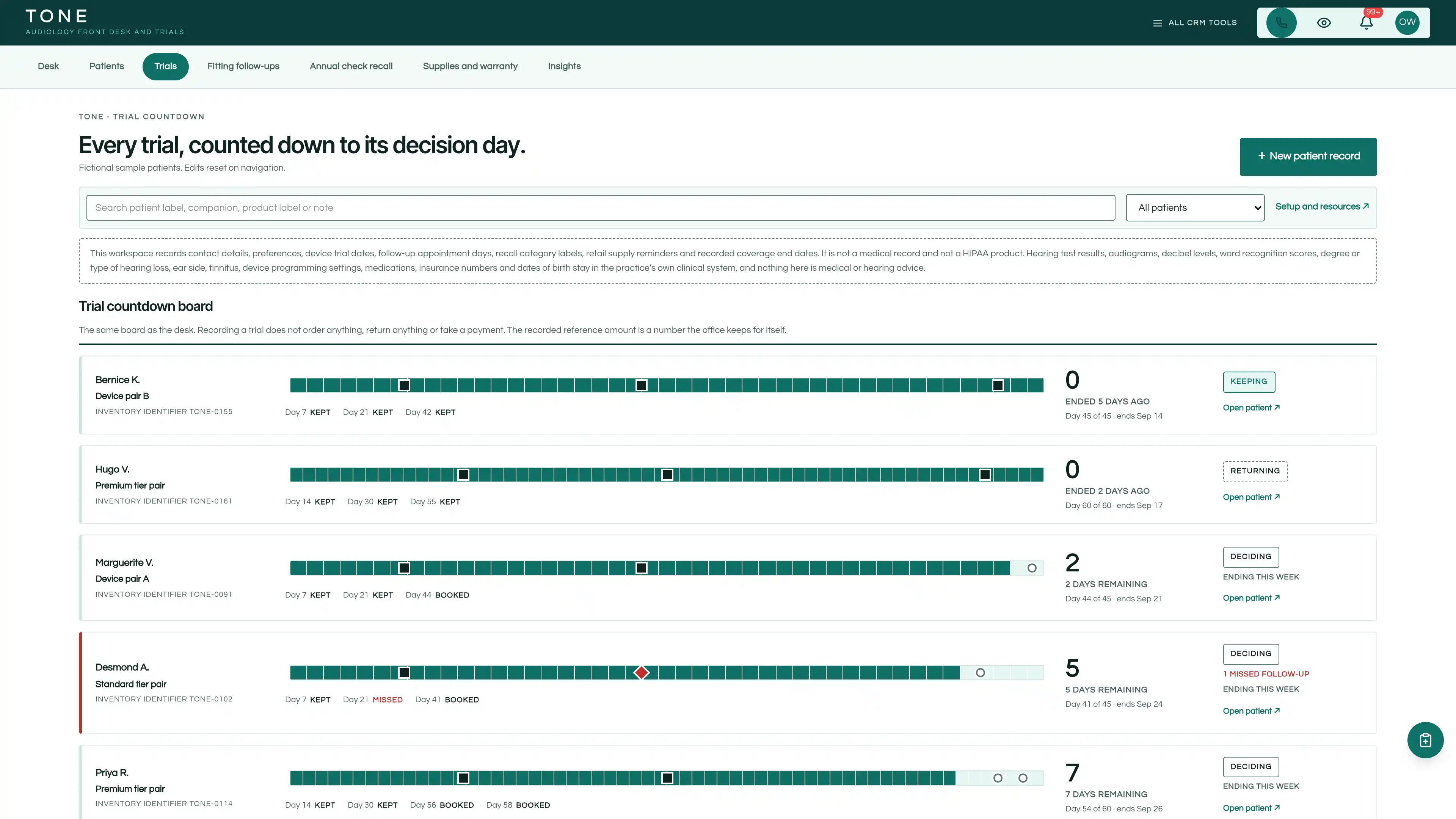 Trials in the GoSeedly Audiology & Hearing Kit with fictional sample records