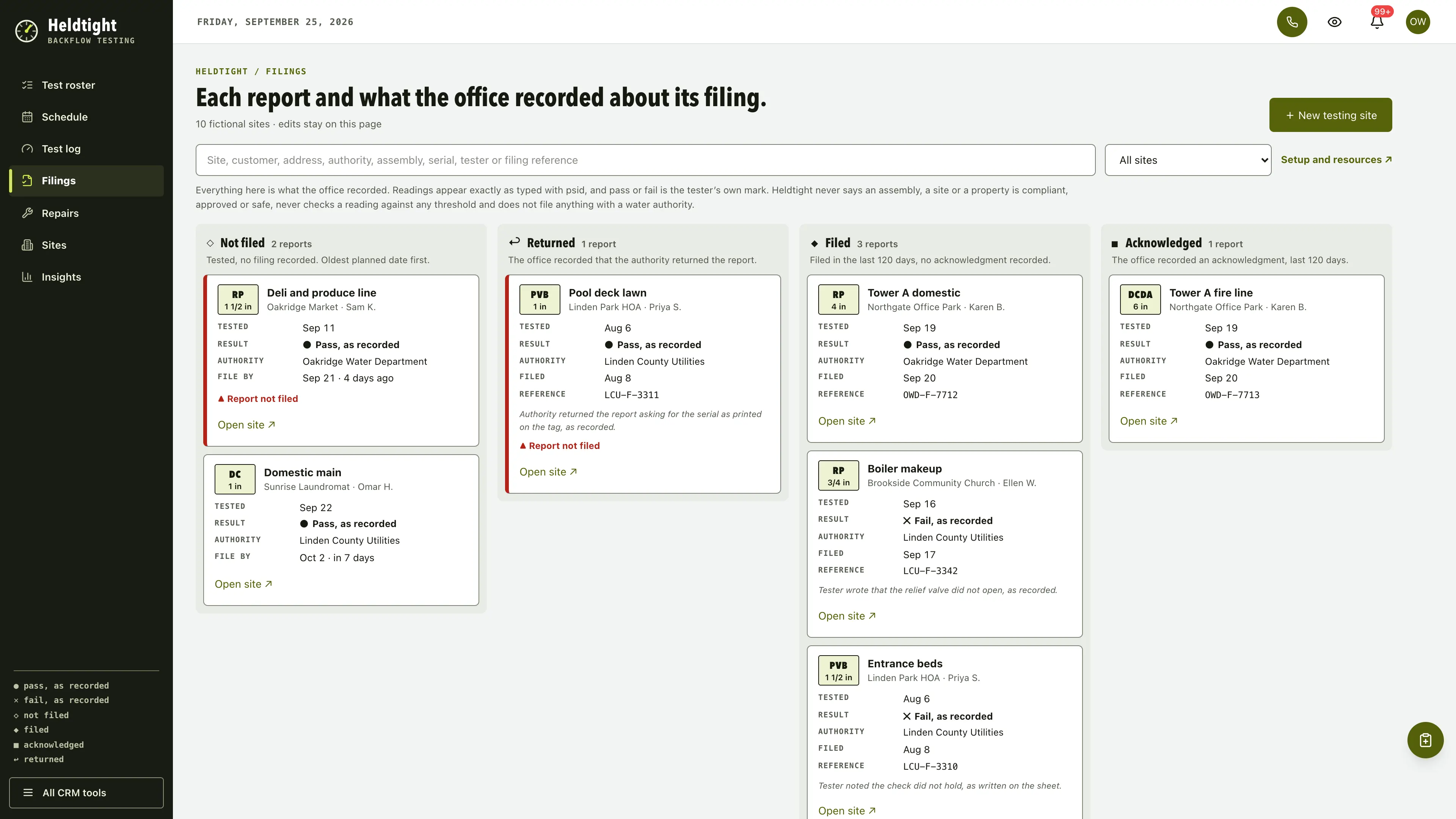Filings in the GoSeedly Backflow Testing Kit with fictional sample records