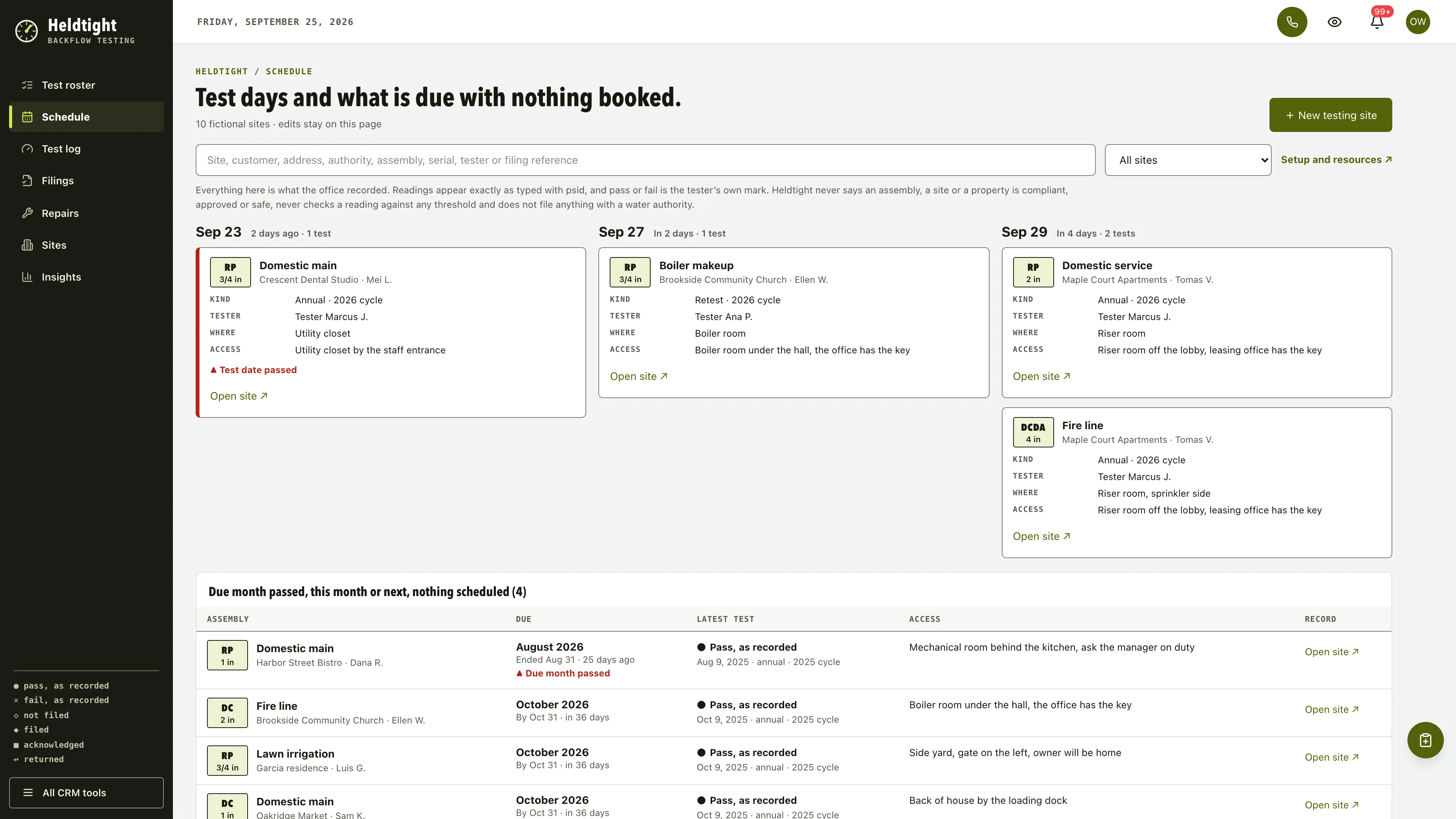 Schedule in the GoSeedly Backflow Testing Kit with fictional sample records