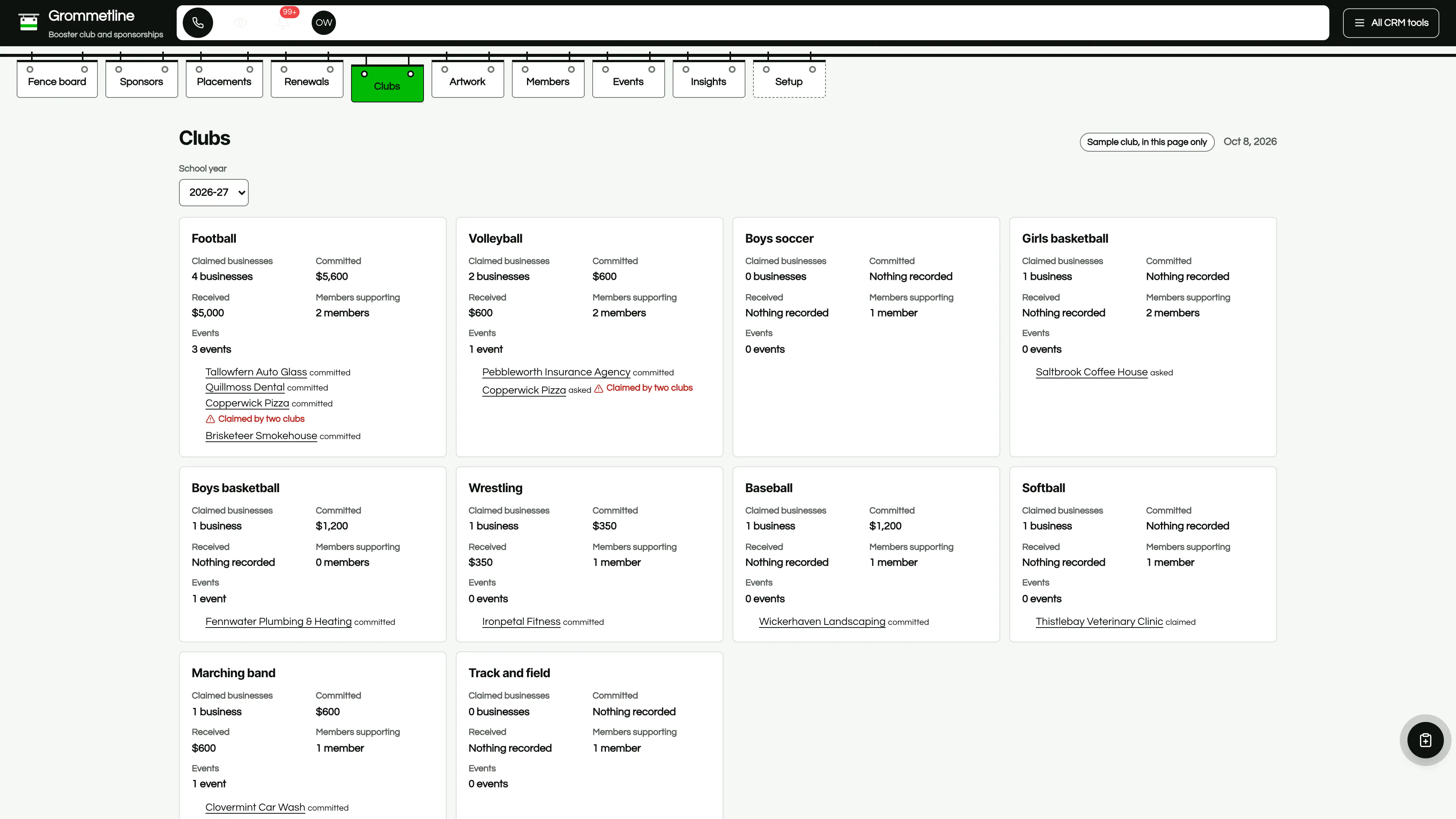 Clubs in the GoSeedly Booster Club & Sponsorships Kit with fictional sample records