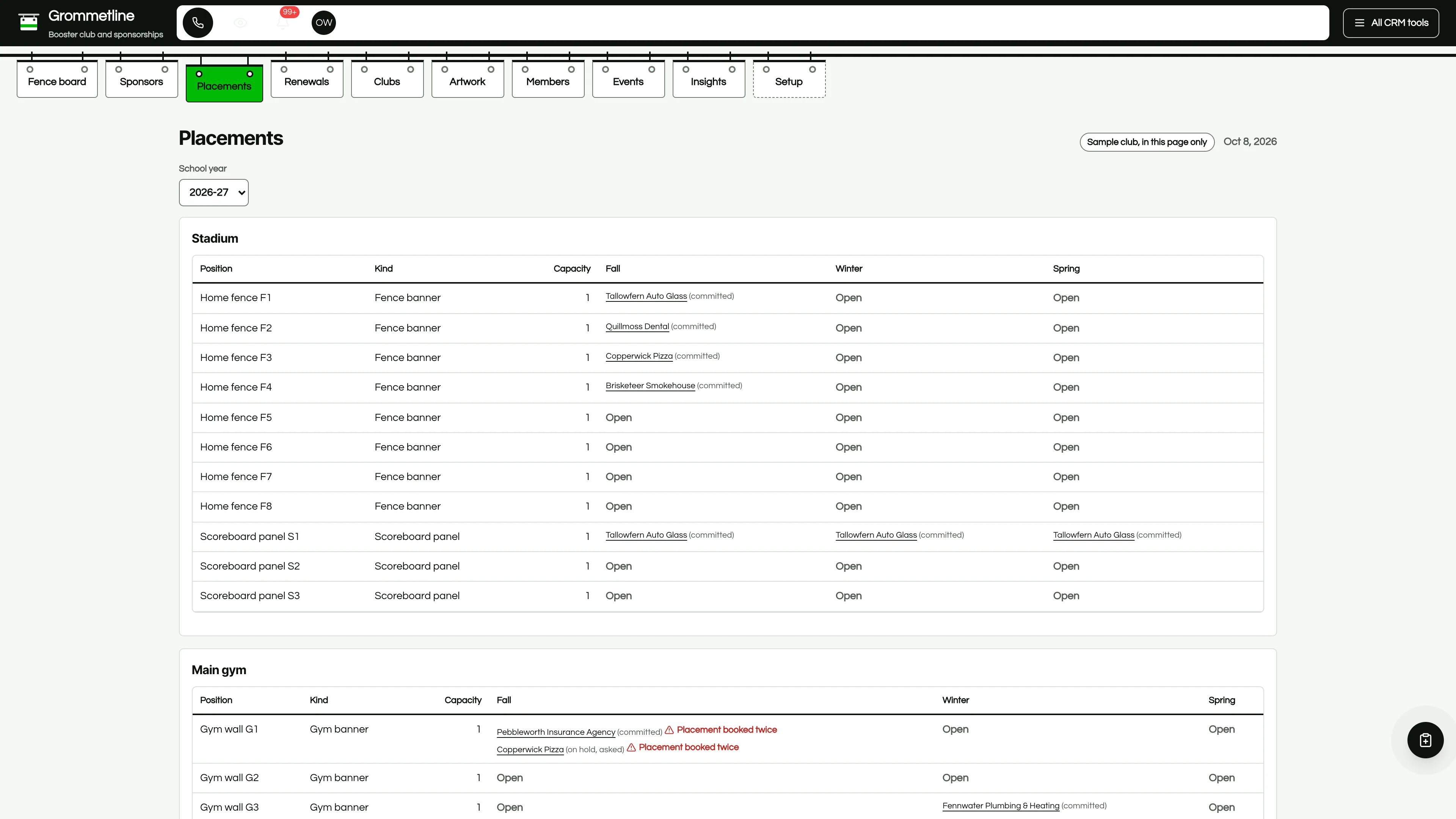 Placements in the GoSeedly Booster Club & Sponsorships Kit with fictional sample records