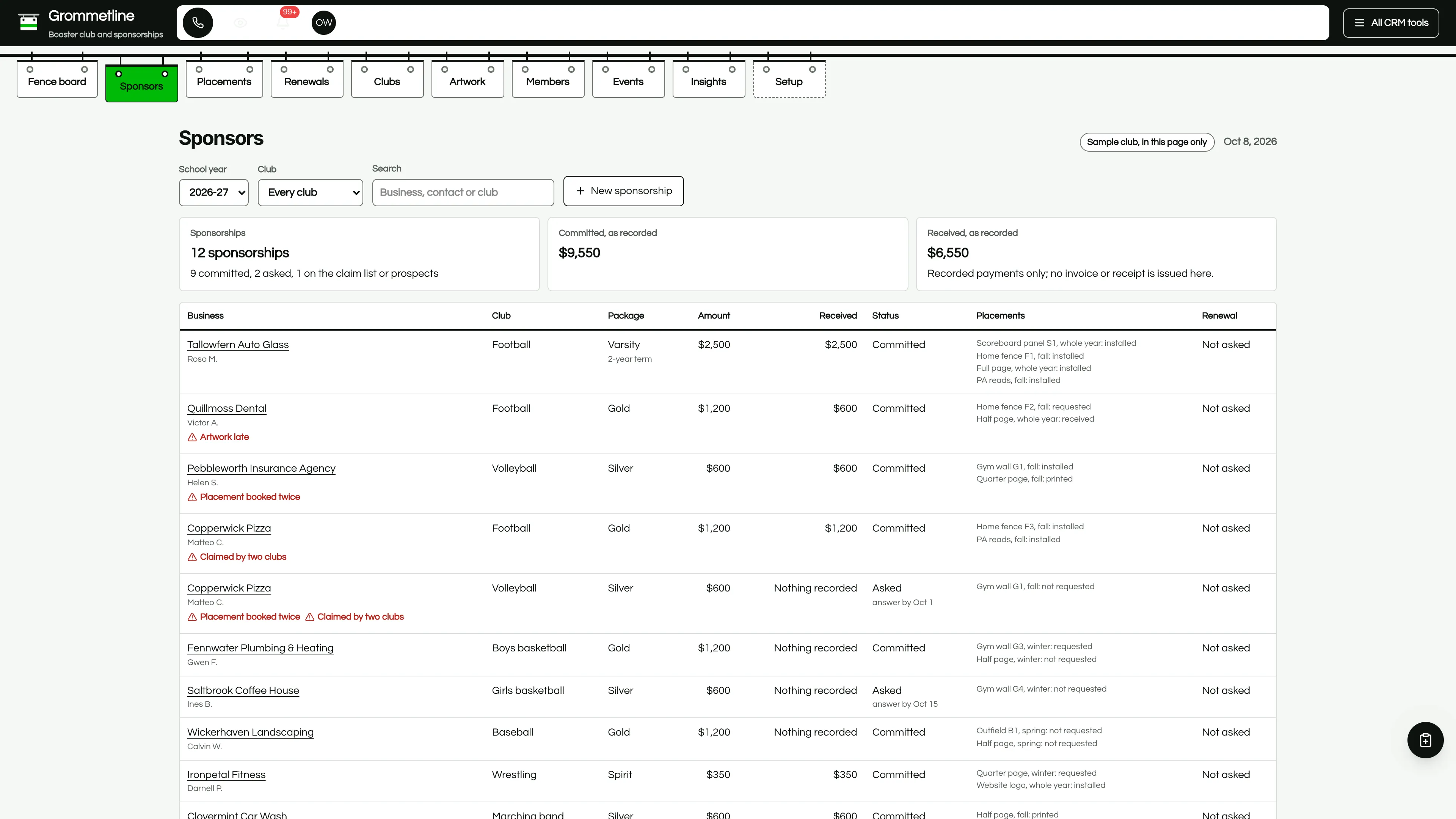 Sponsors in the GoSeedly Booster Club & Sponsorships Kit with fictional sample records