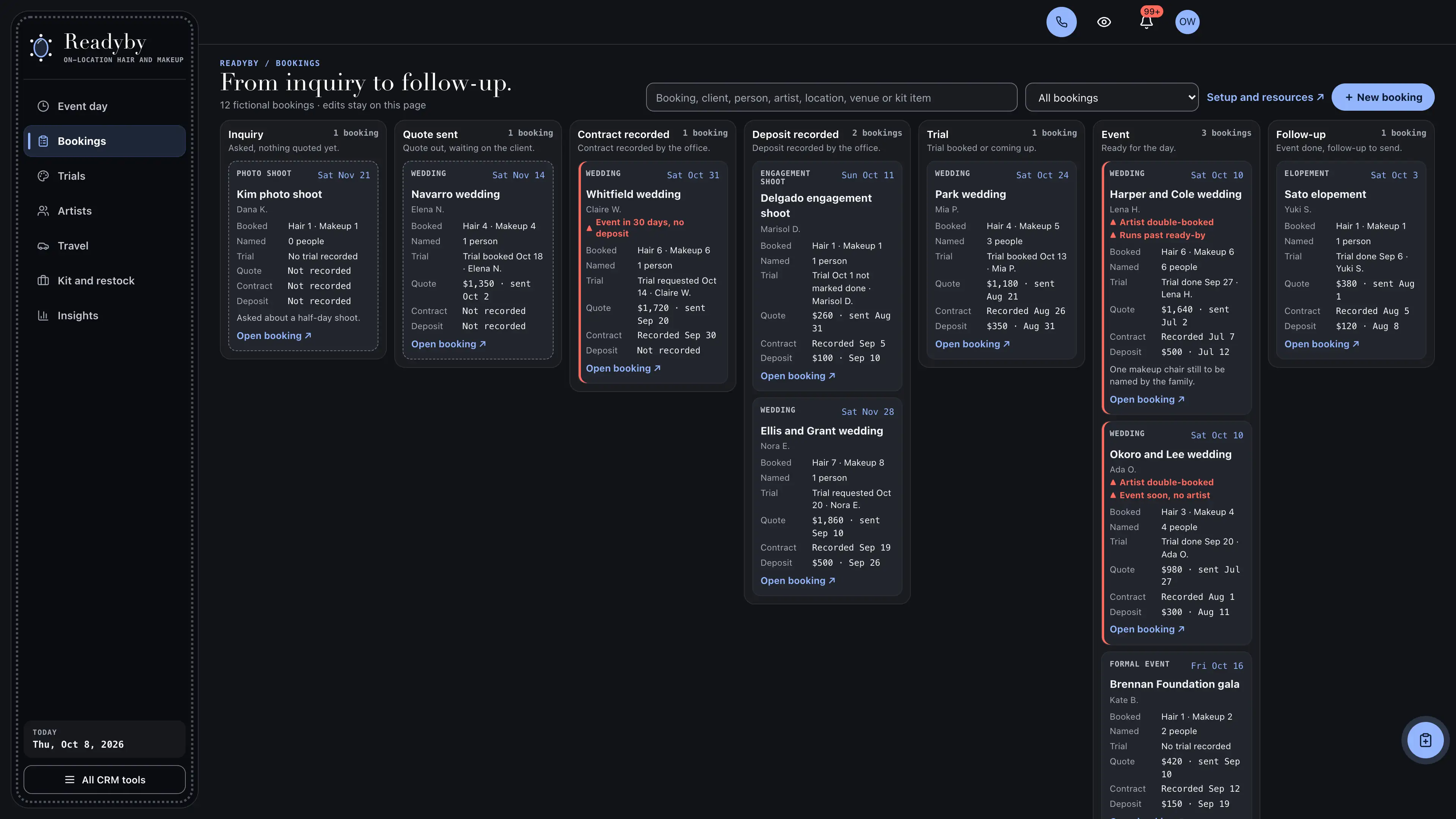 Bookings in the GoSeedly On-location Hair & Makeup Kit with fictional sample records