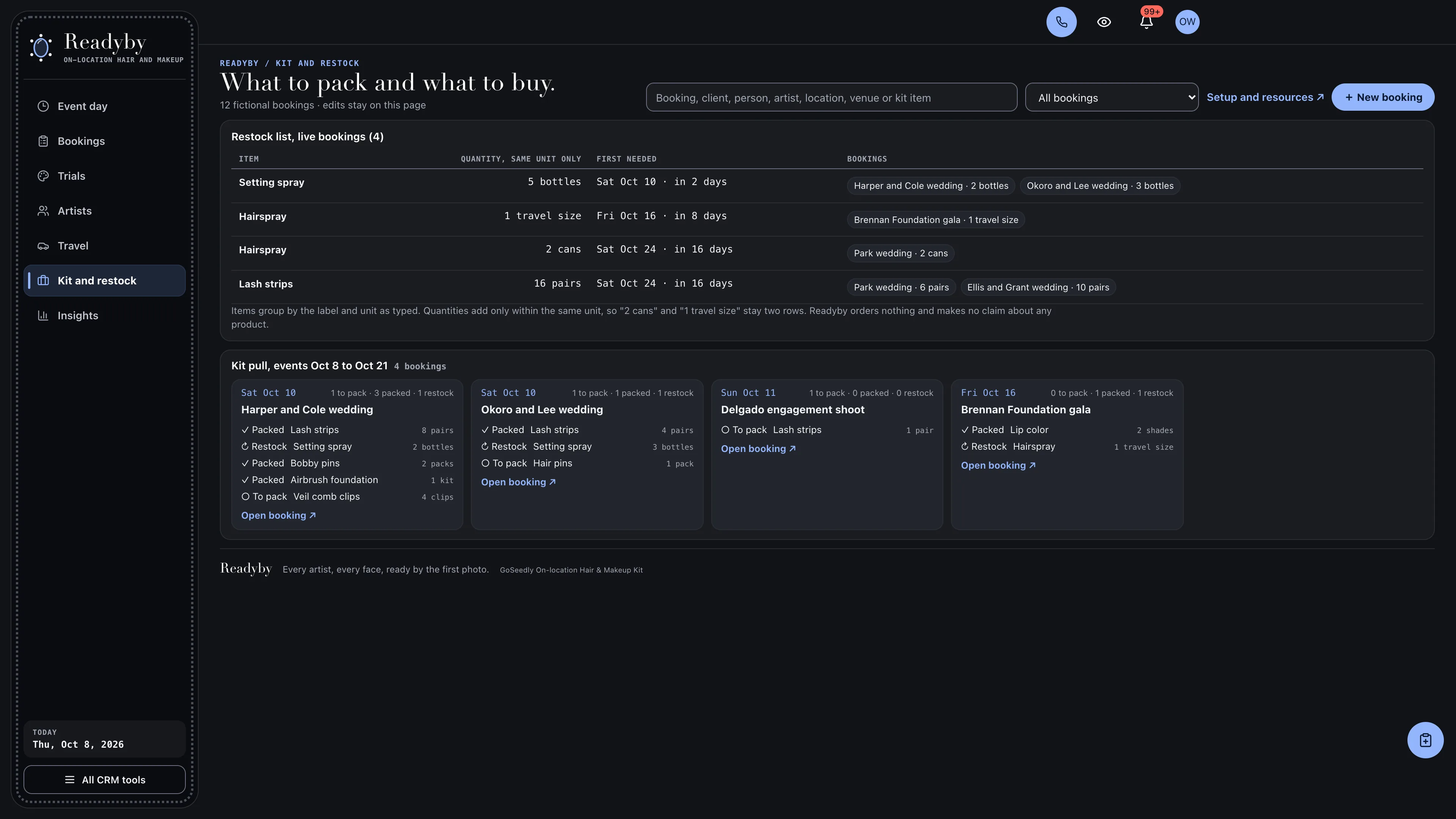 Kit and restock in the GoSeedly On-location Hair & Makeup Kit with fictional sample records