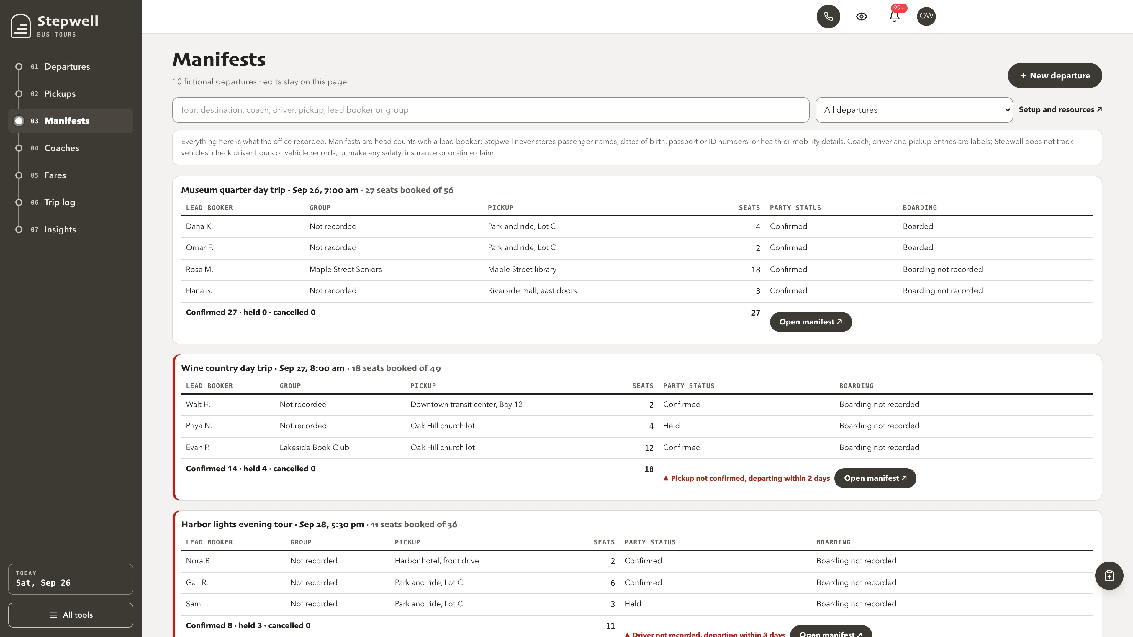 Manifests in the GoSeedly Bus Tour Operations Kit with fictional sample records