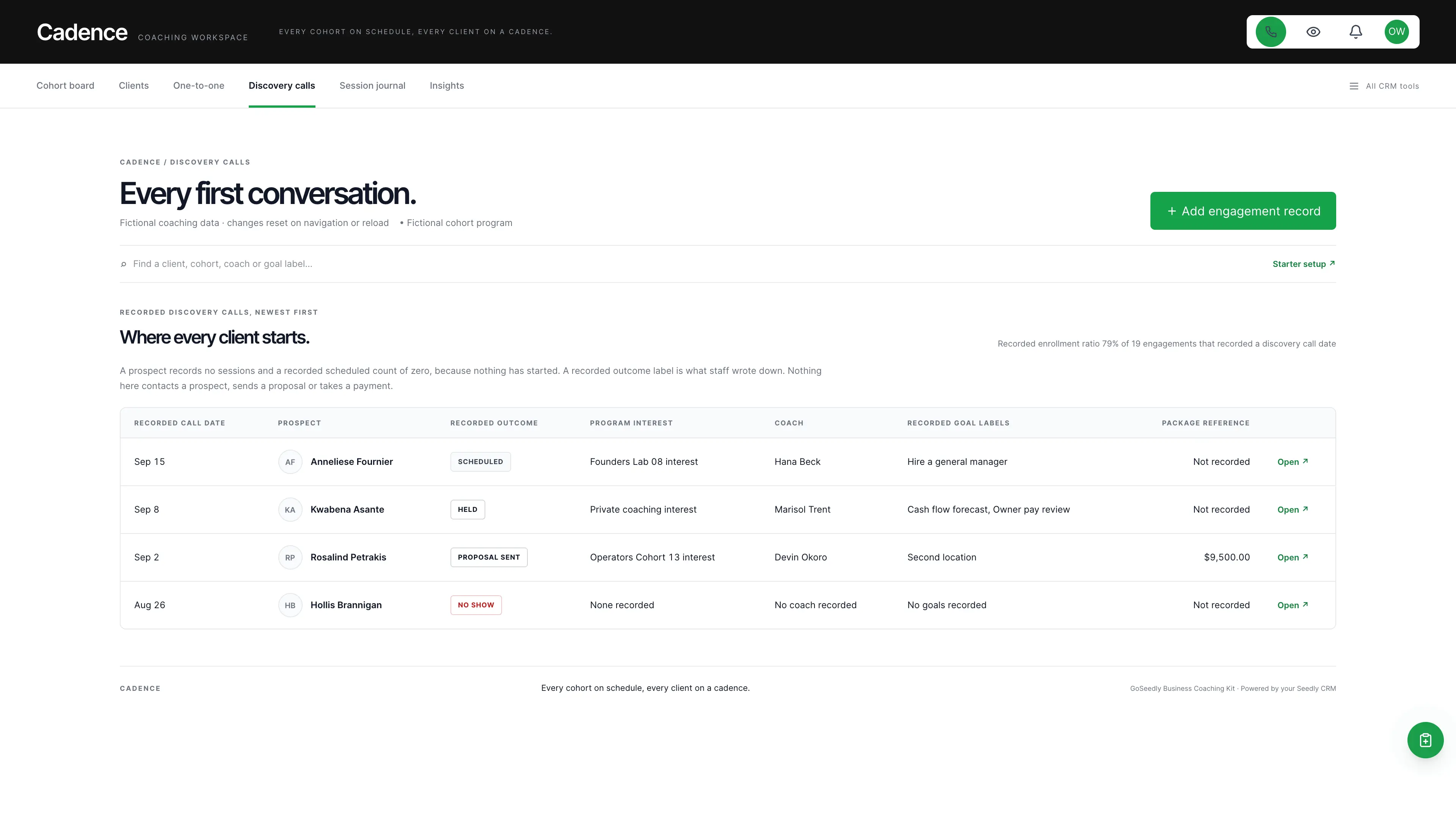 Discovery calls in the GoSeedly Business Coaching Kit with fictional sample records