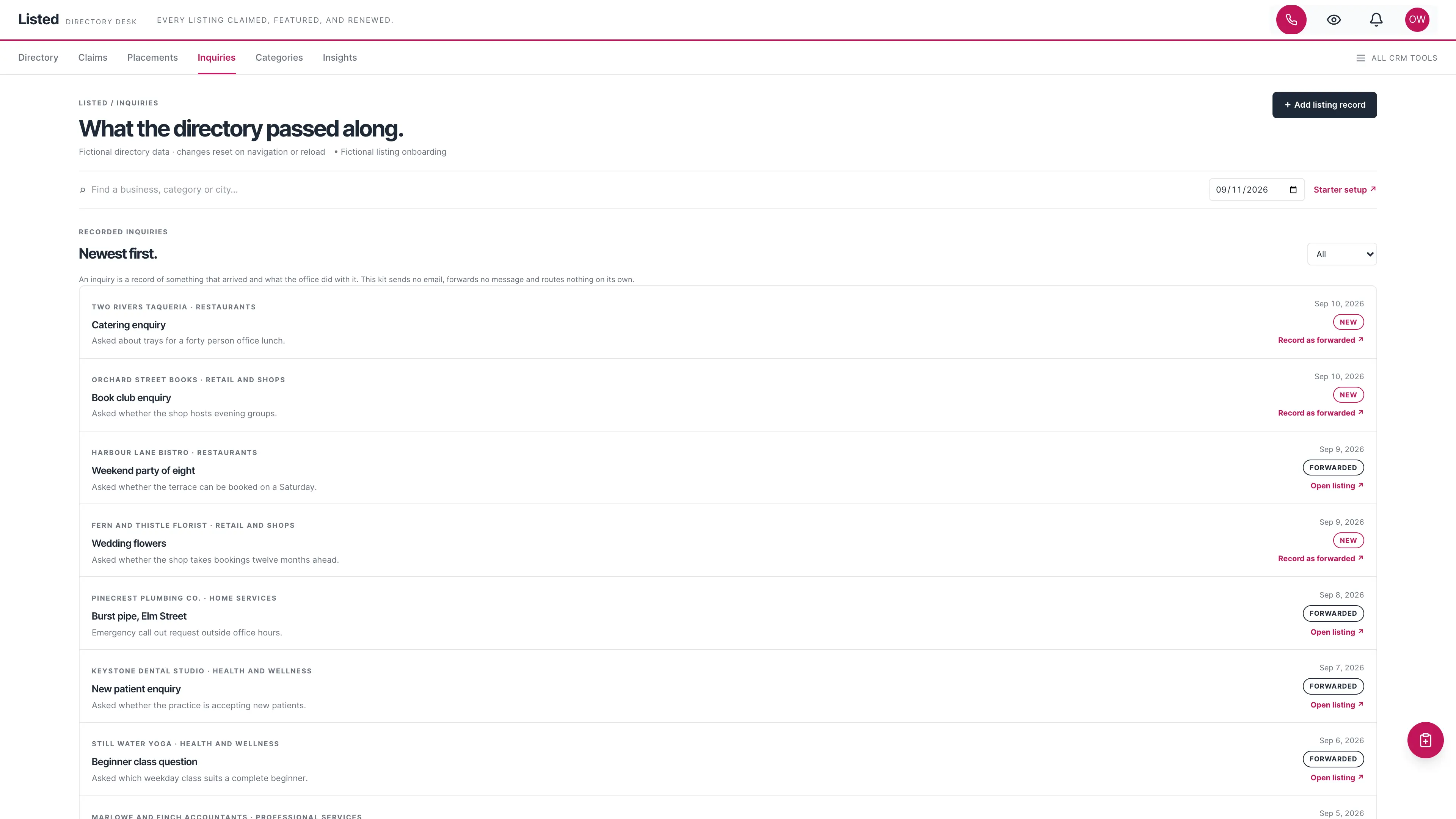 Inquiries in the GoSeedly Business Directory Kit with fictional sample records
