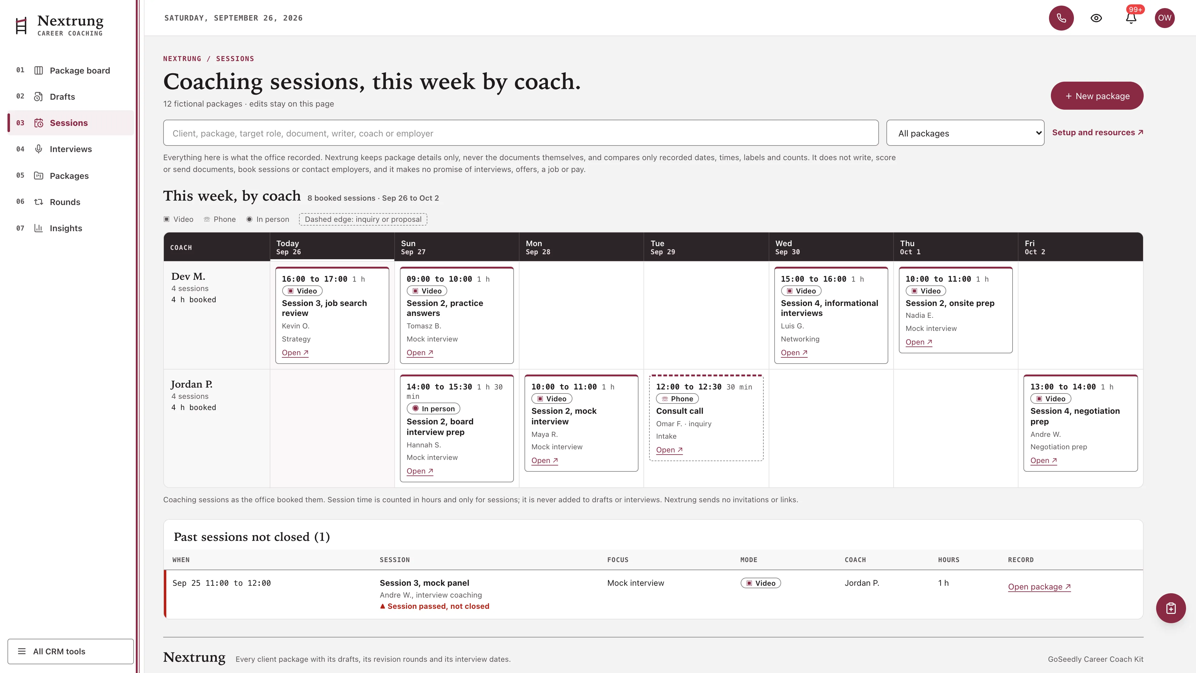 Sessions in the GoSeedly Career Coach Kit with fictional sample records