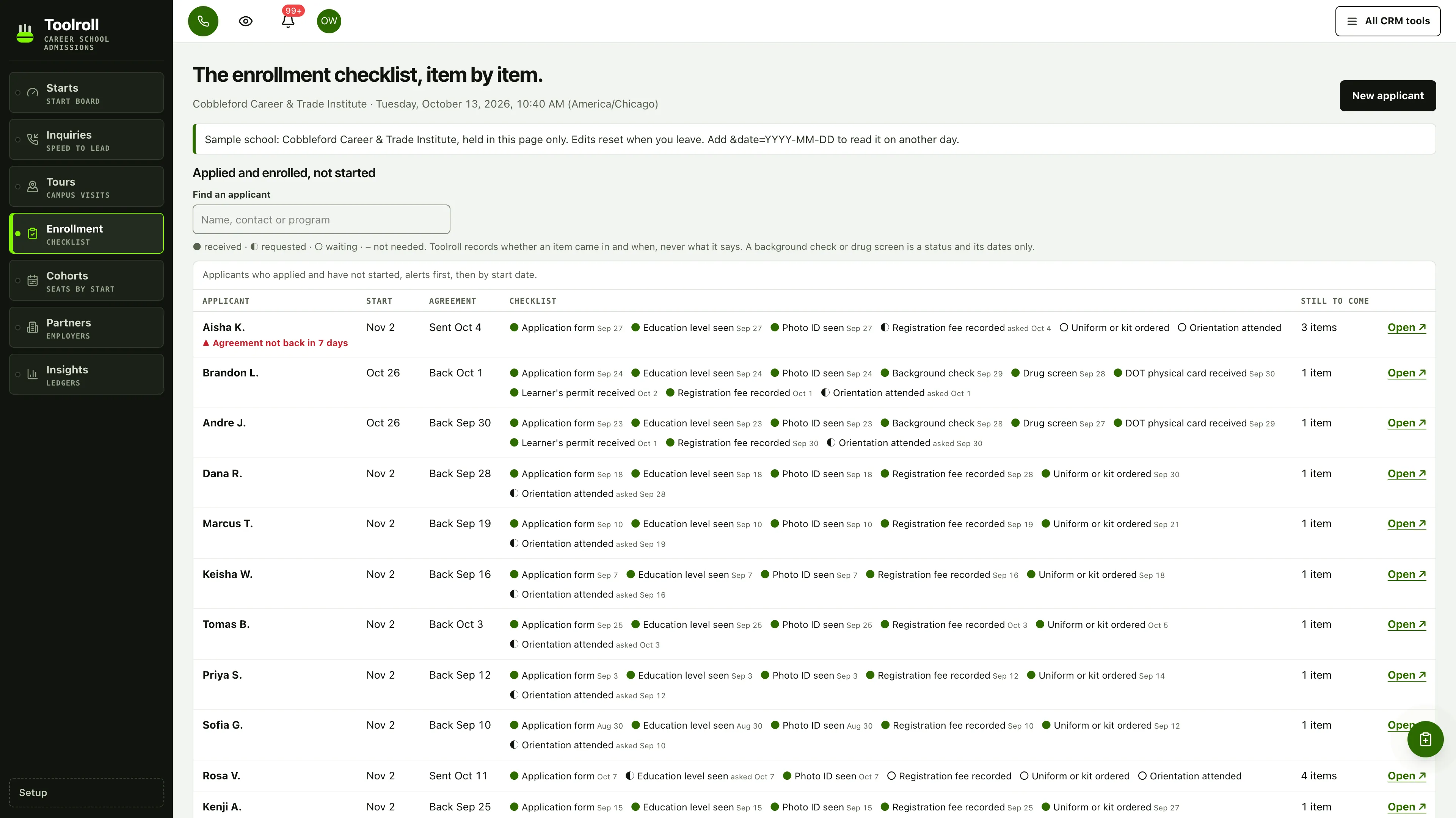 Enrollment in the GoSeedly Career & Trade School Admissions Kit with fictional sample records