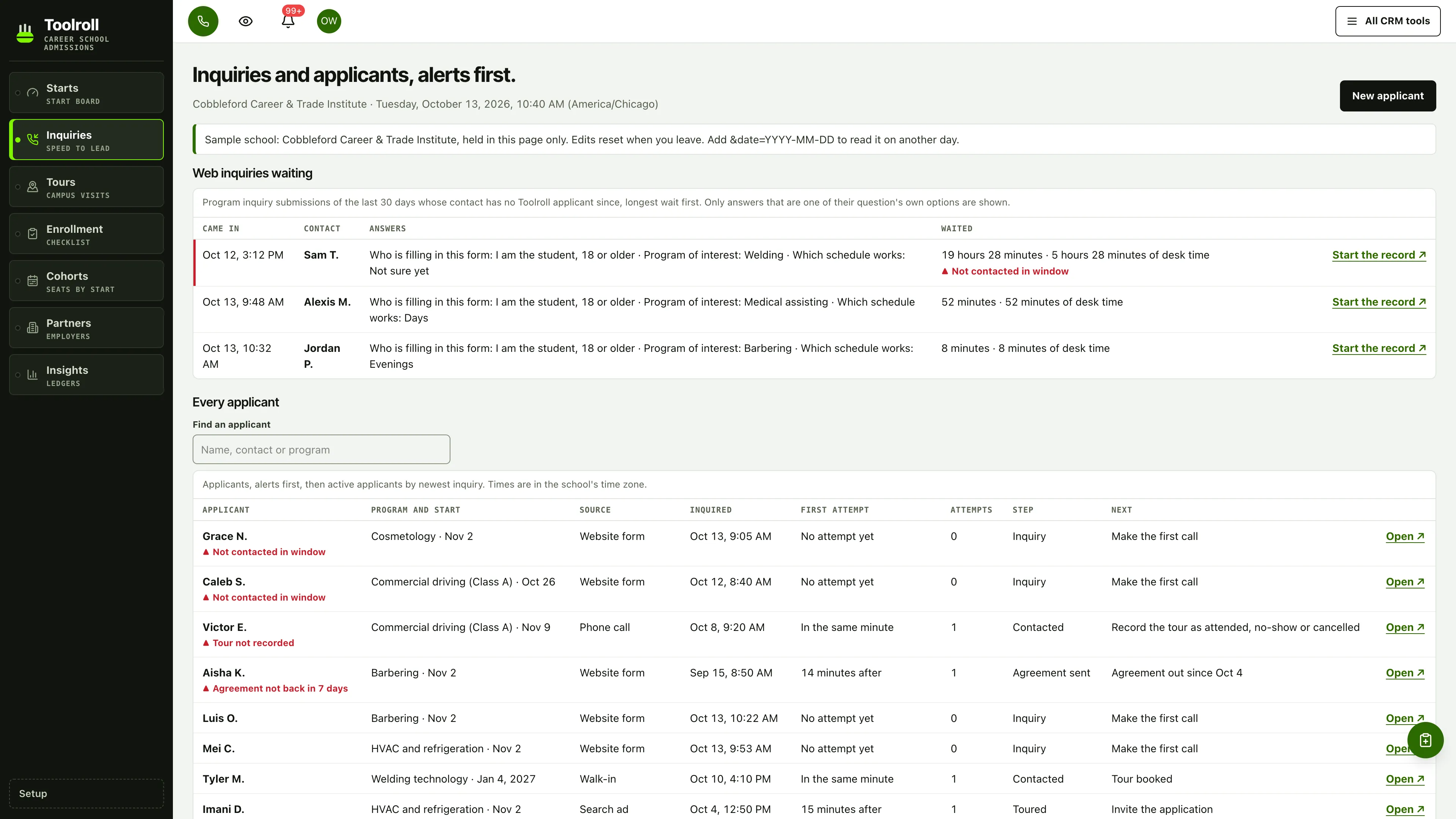 Inquiries in the GoSeedly Career & Trade School Admissions Kit with fictional sample records