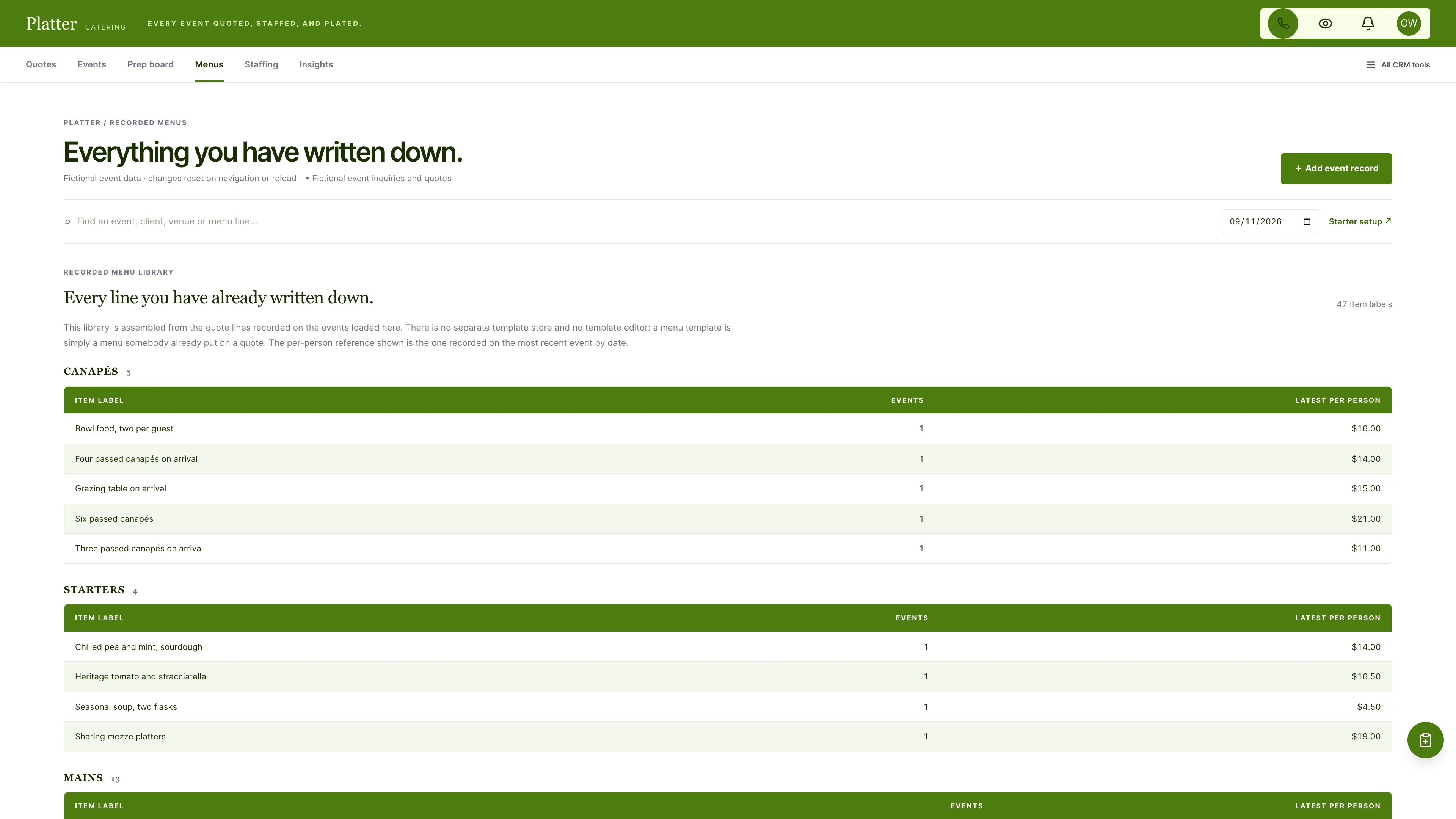 Recorded menus in the GoSeedly Catering Kit with fictional sample records
