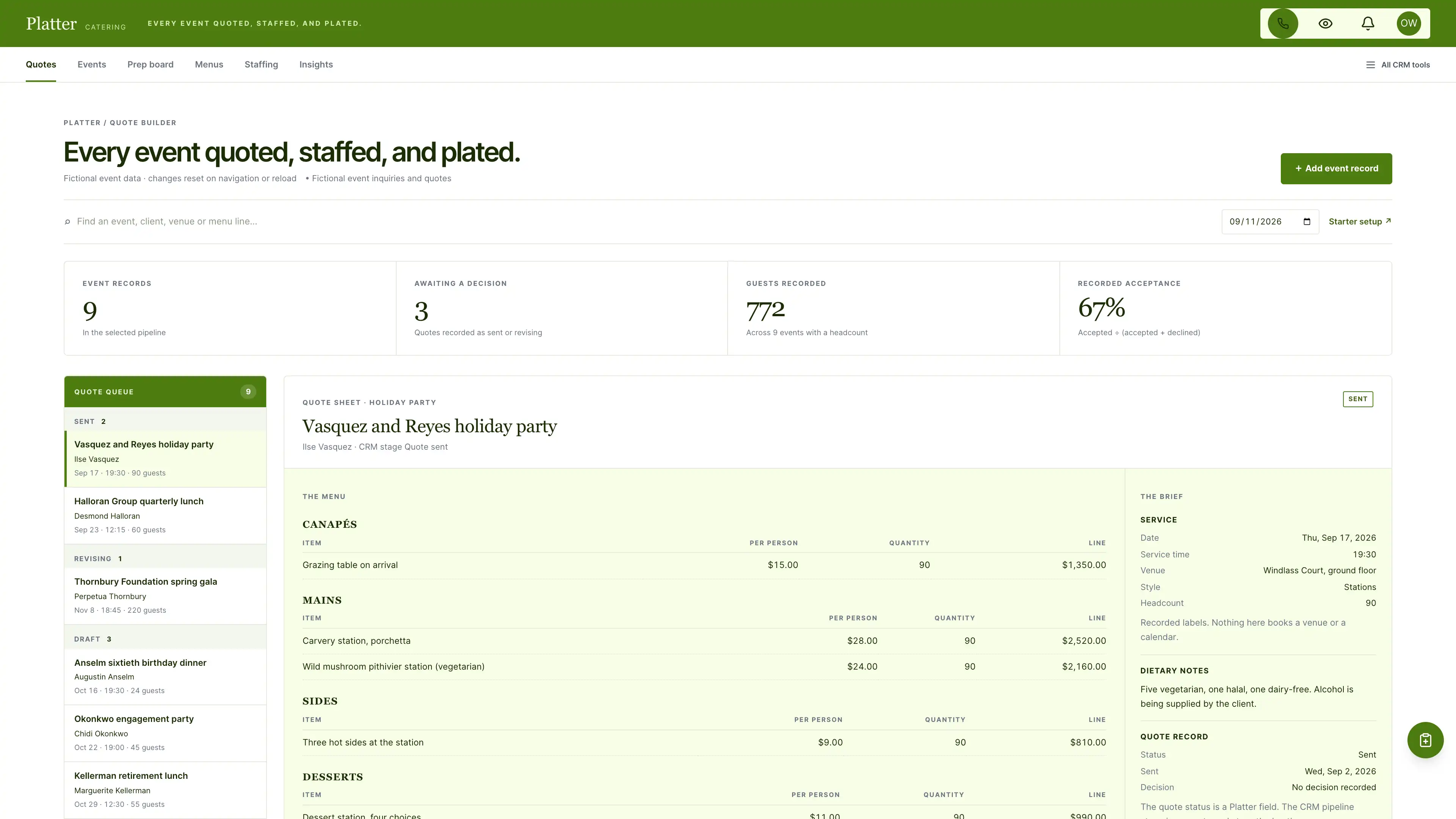 Catering quote builder with a status-grouped quote queue, menu lines by course, and the event brief, using fictional sample data