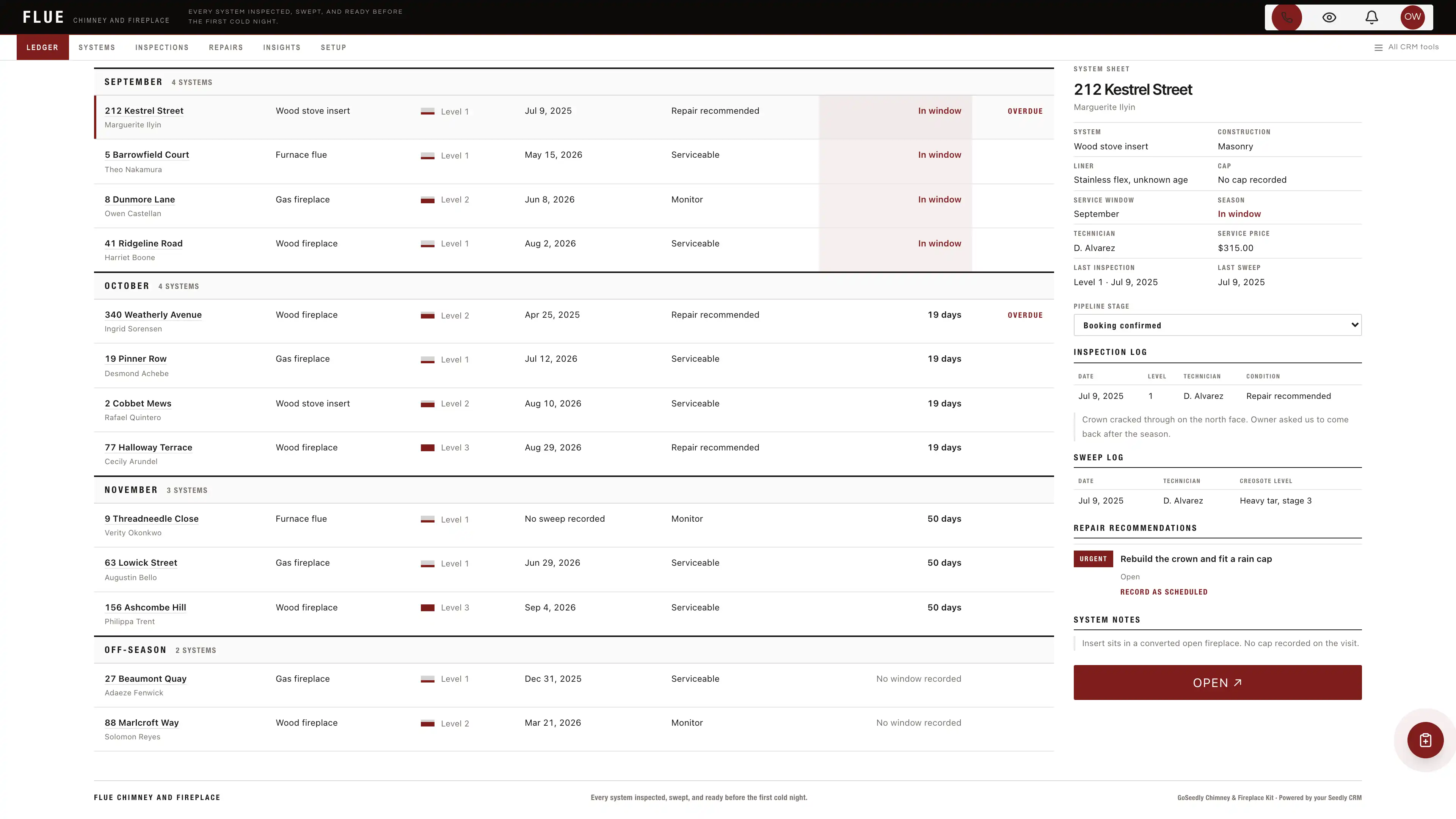 System sheet in the GoSeedly Chimney & Fireplace Kit with fictional sample records