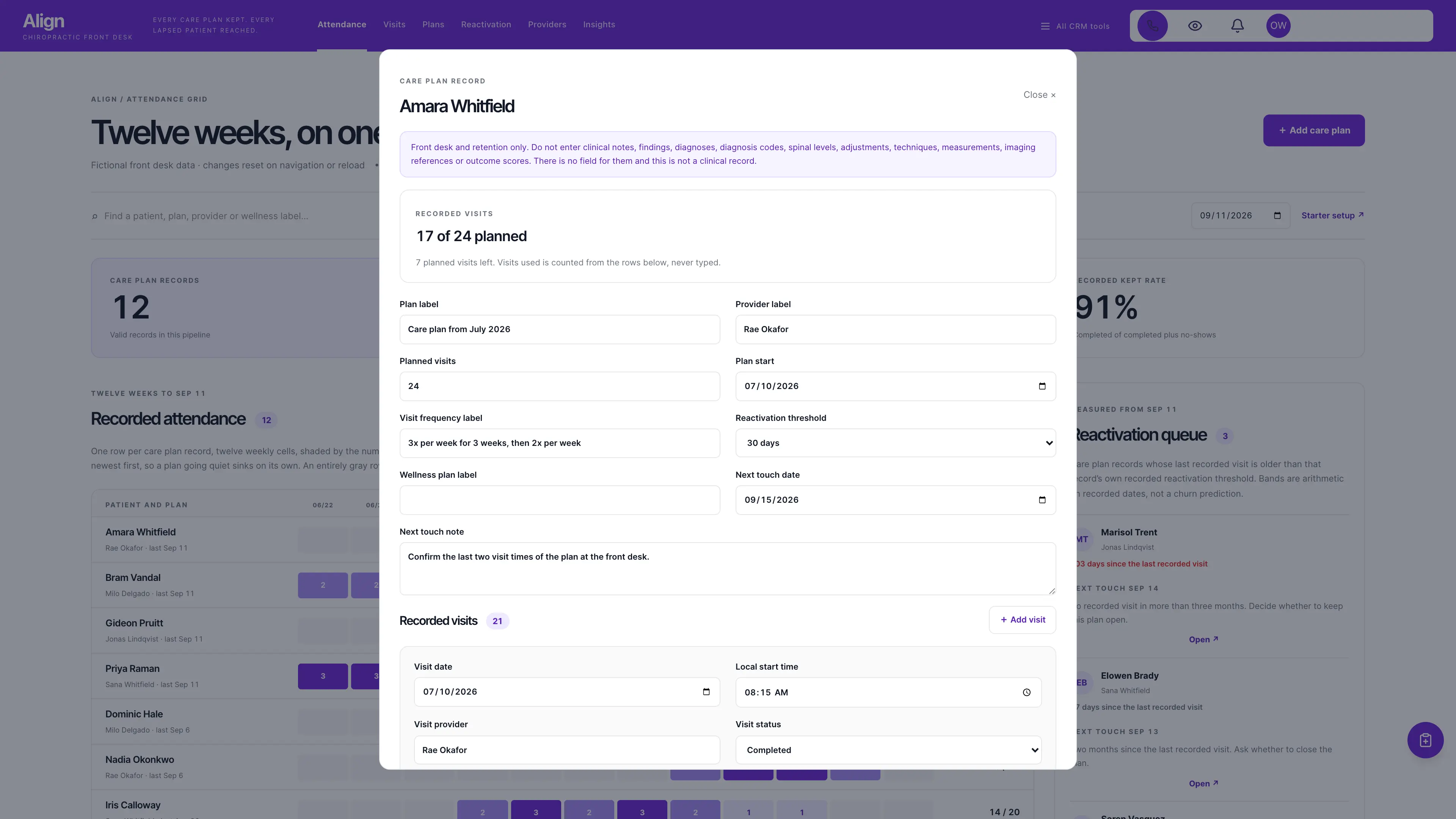 Care plan editor in the GoSeedly Chiropractic Kit with fictional sample records