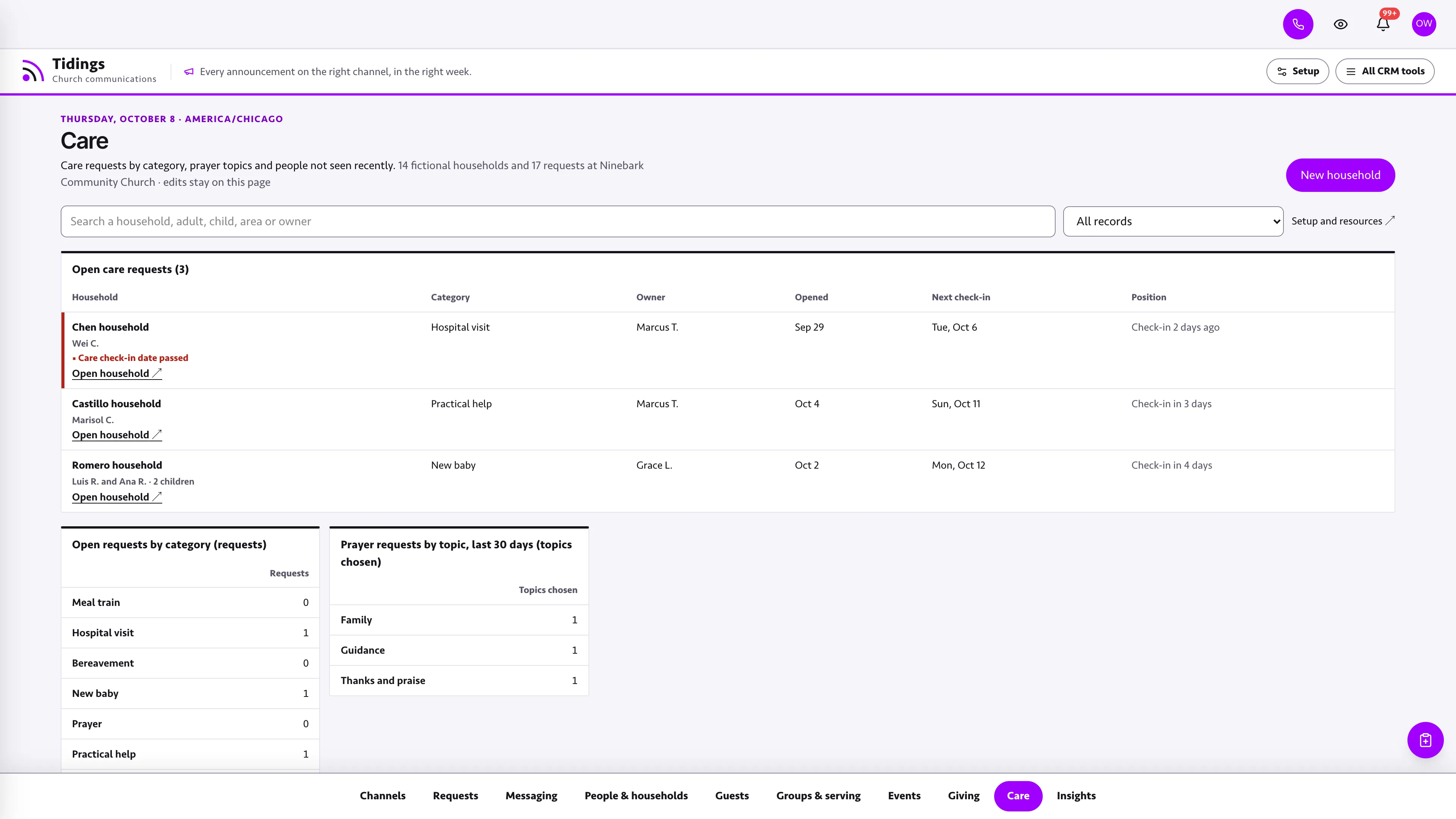 Care in the GoSeedly Communications Church CRM Kit with fictional sample records