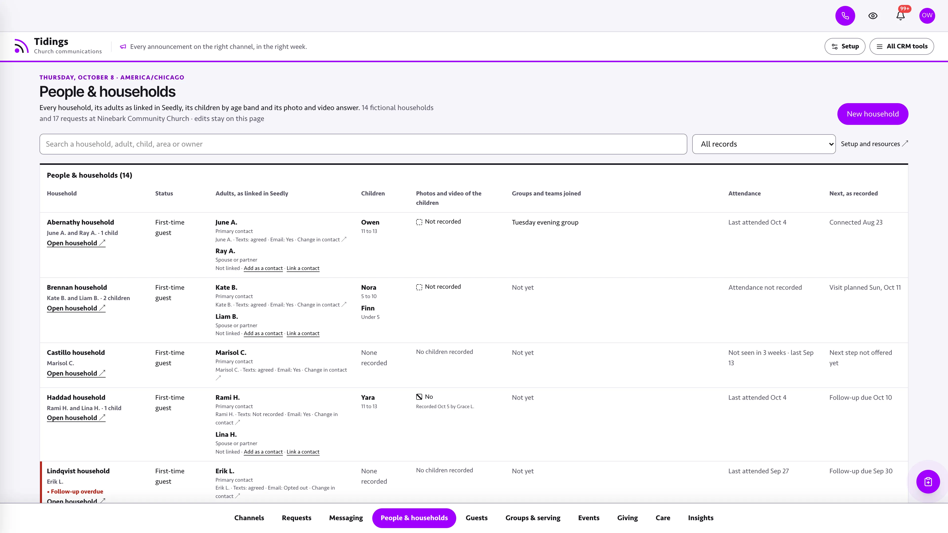 People & households in the GoSeedly Communications Church CRM Kit with fictional sample records