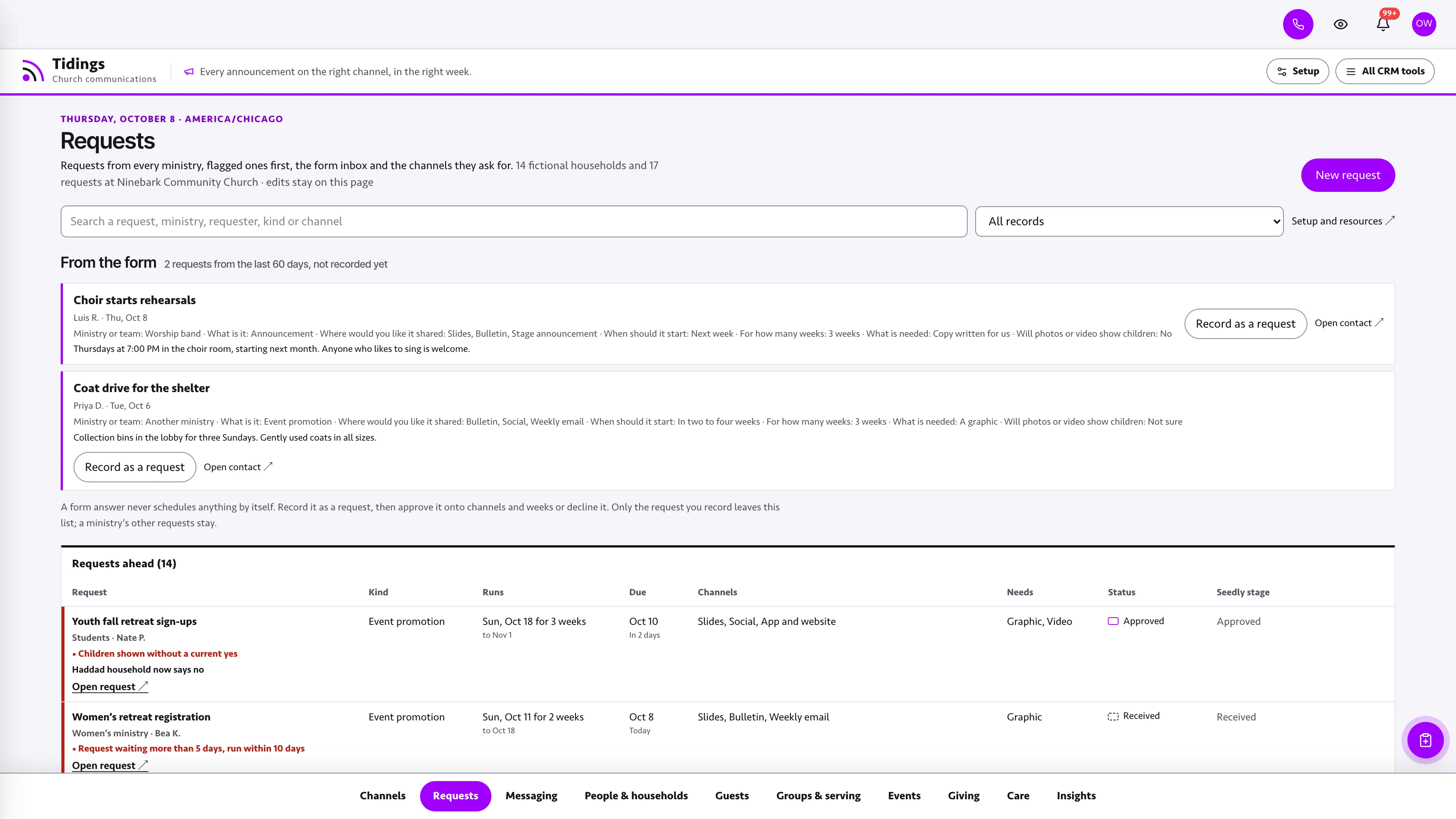 Requests in the GoSeedly Communications Church CRM Kit with fictional sample records