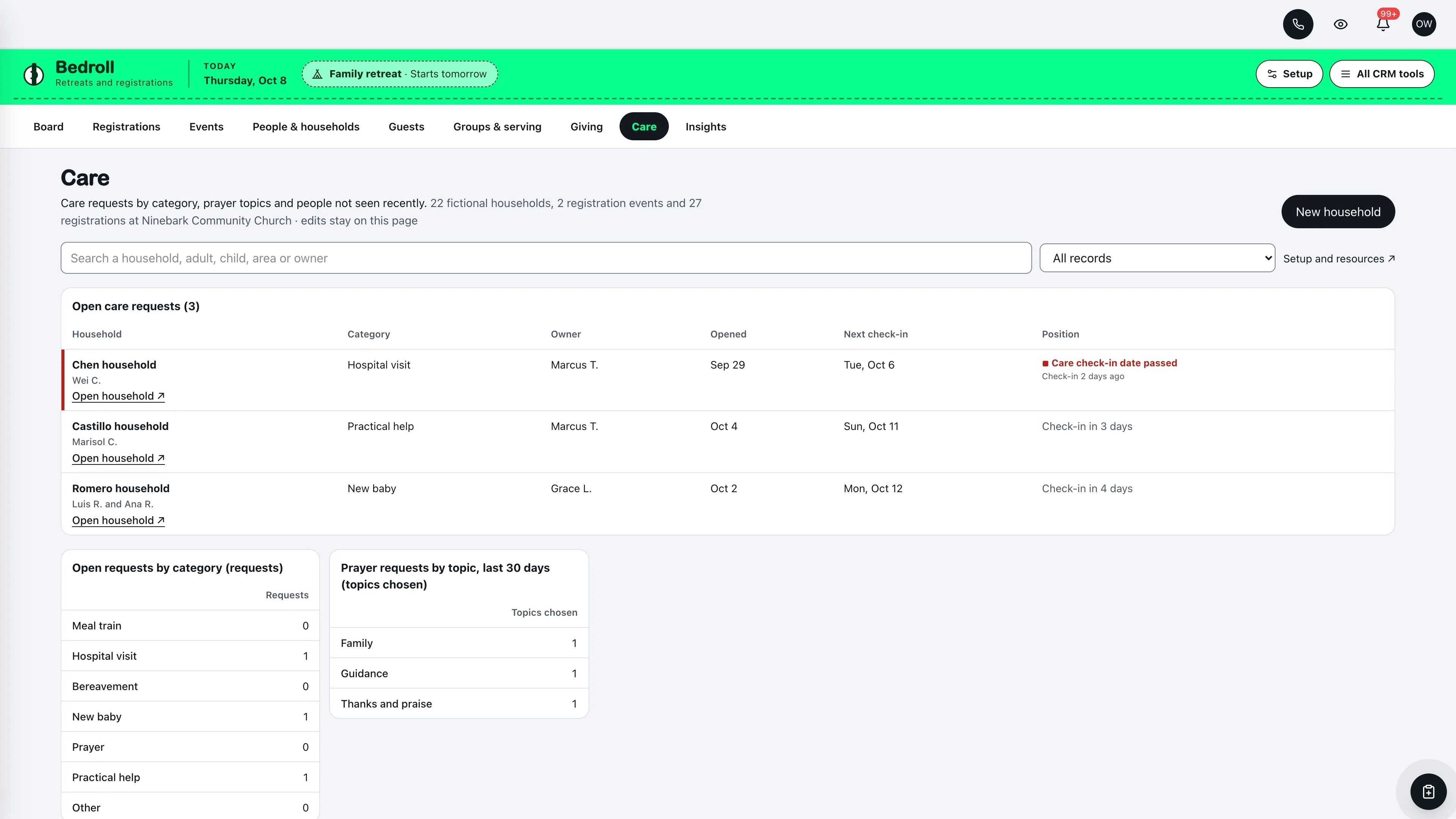 Care in the GoSeedly Events & Retreats Church CRM Kit with fictional sample records