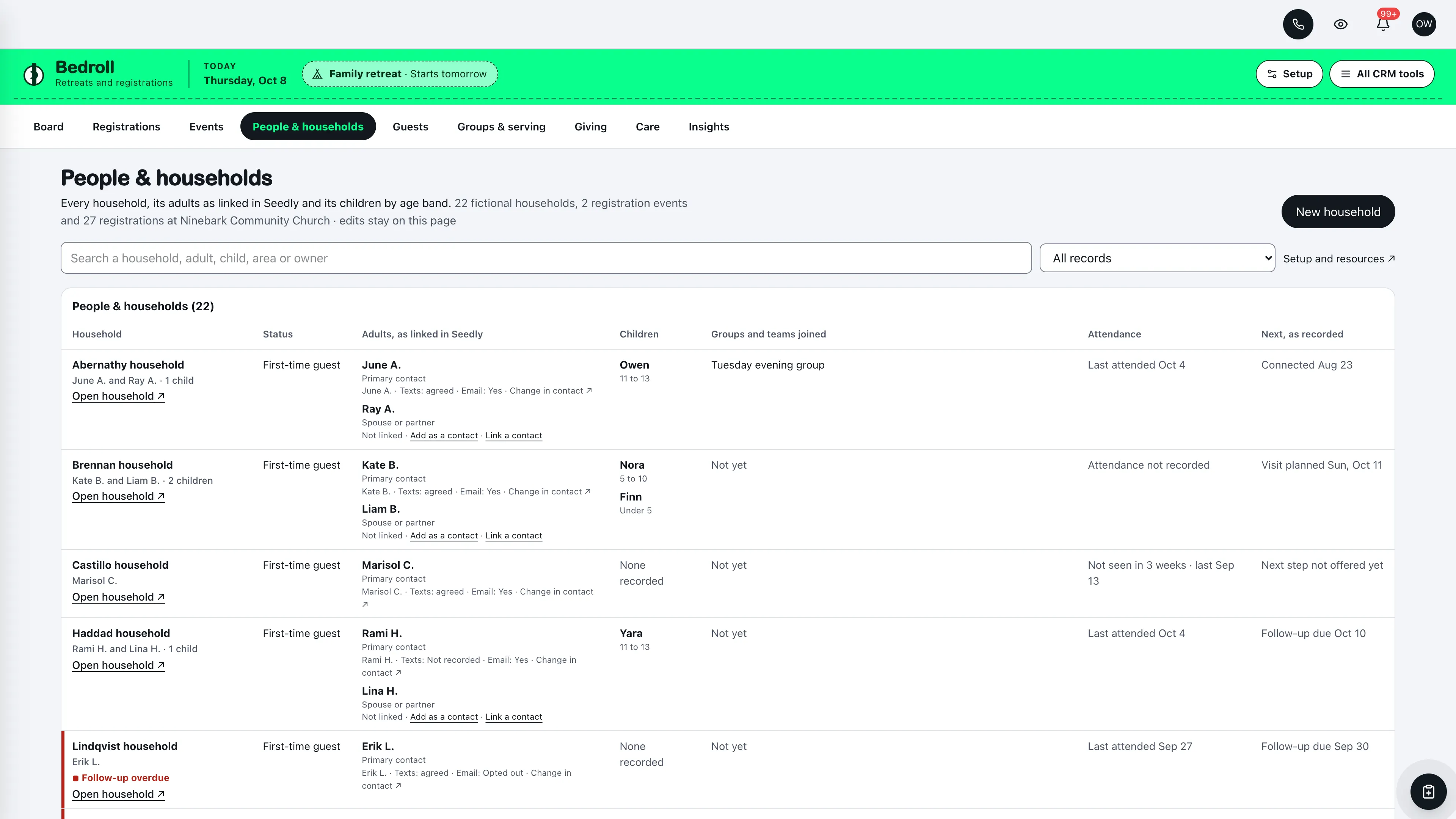People & households in the GoSeedly Events & Retreats Church CRM Kit with fictional sample records