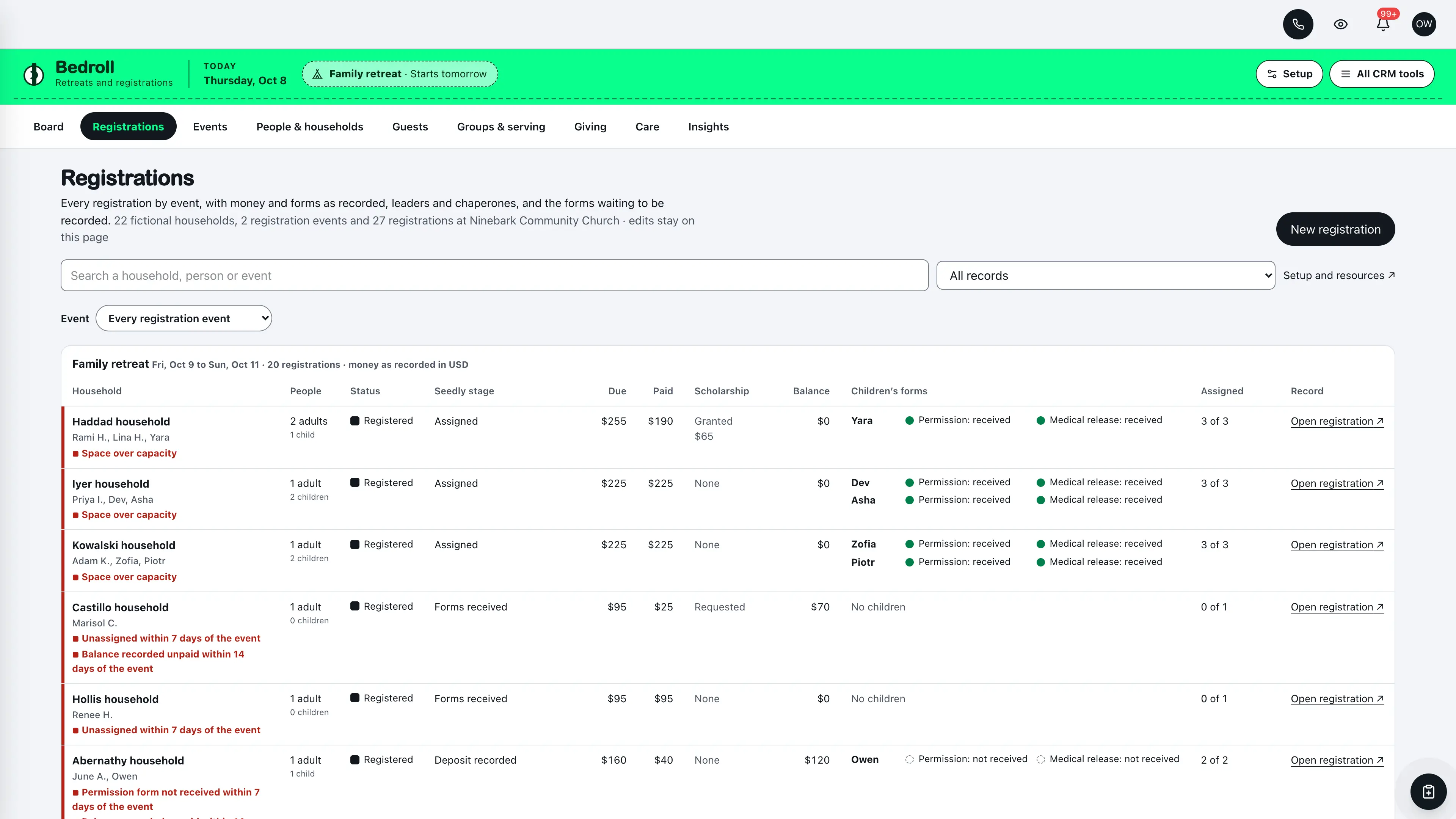 Registrations in the GoSeedly Events & Retreats Church CRM Kit with fictional sample records