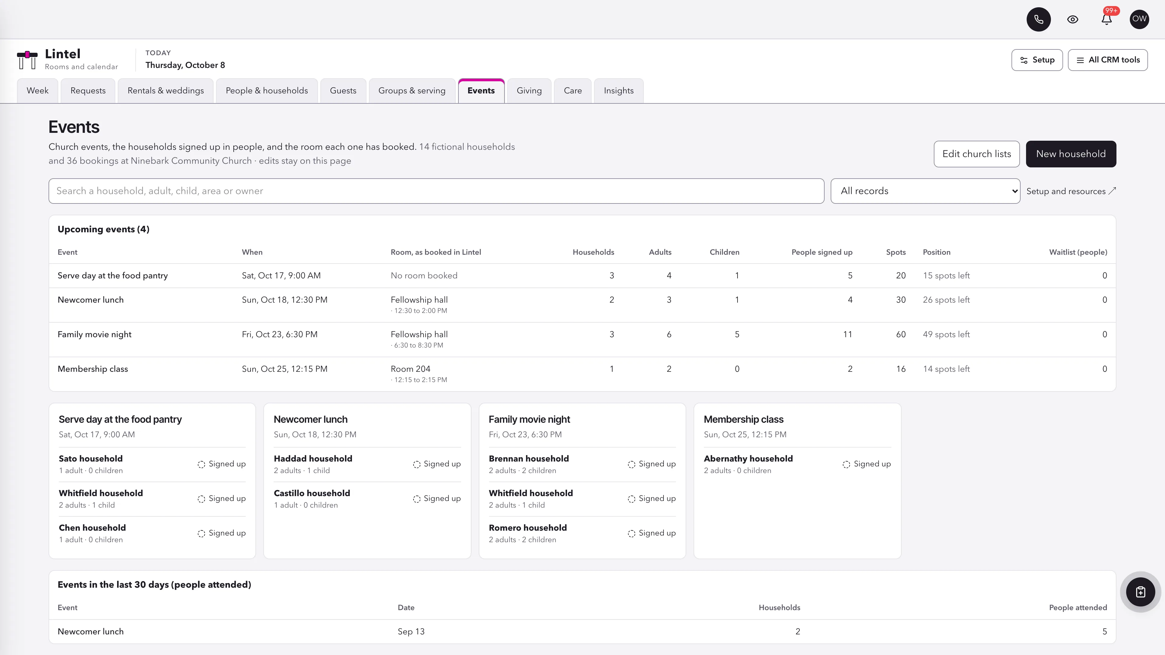 Events in the GoSeedly Facilities & Calendar Church CRM Kit with fictional sample records
