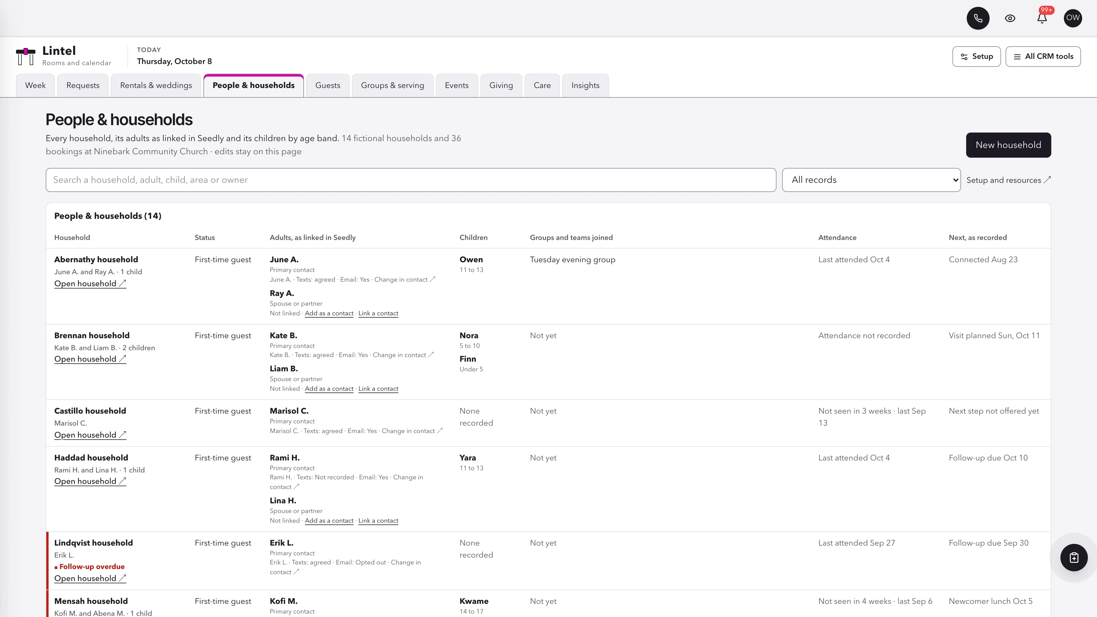 People & households in the GoSeedly Facilities & Calendar Church CRM Kit with fictional sample records