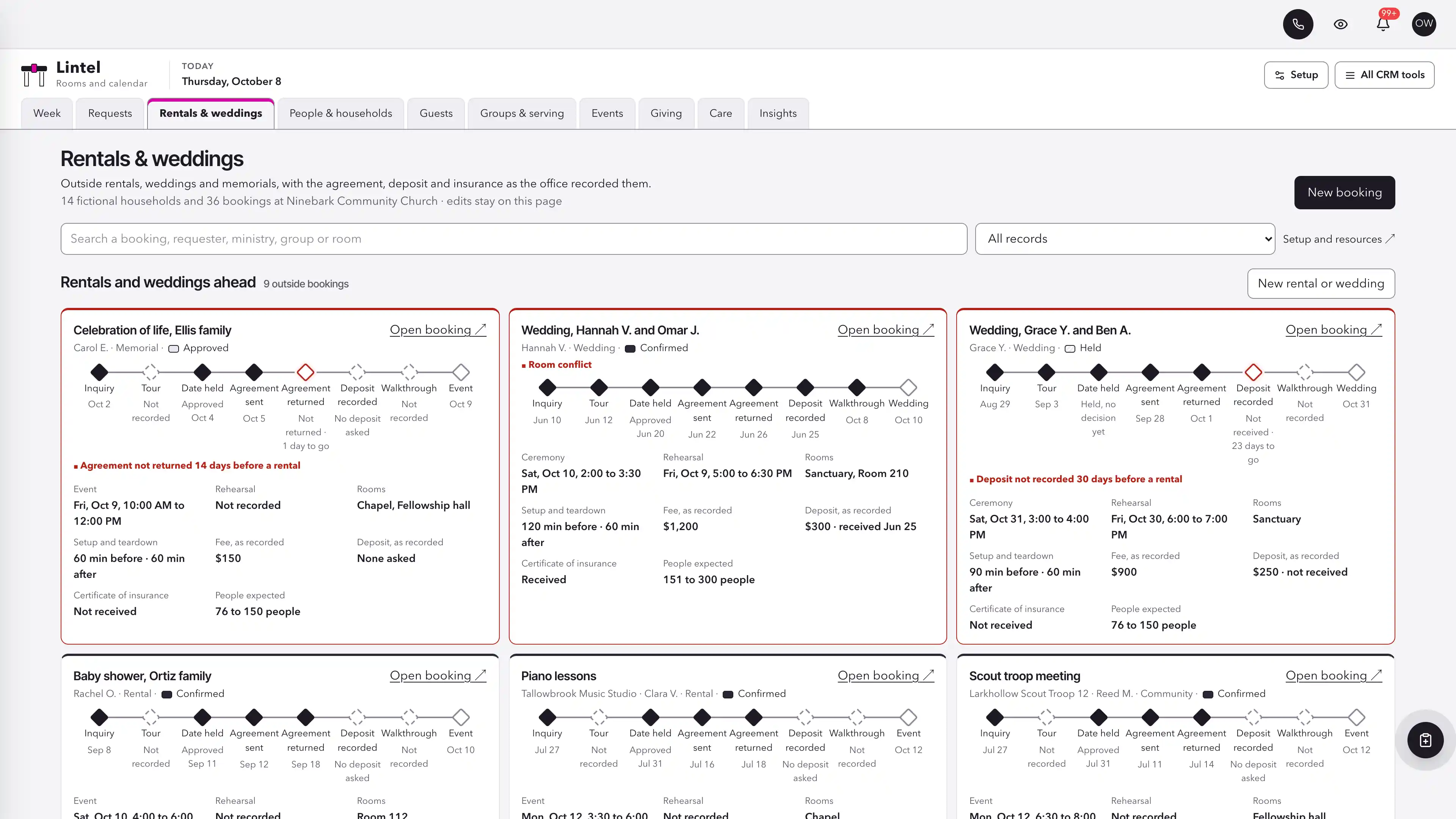 Rentals & weddings in the GoSeedly Facilities & Calendar Church CRM Kit with fictional sample records