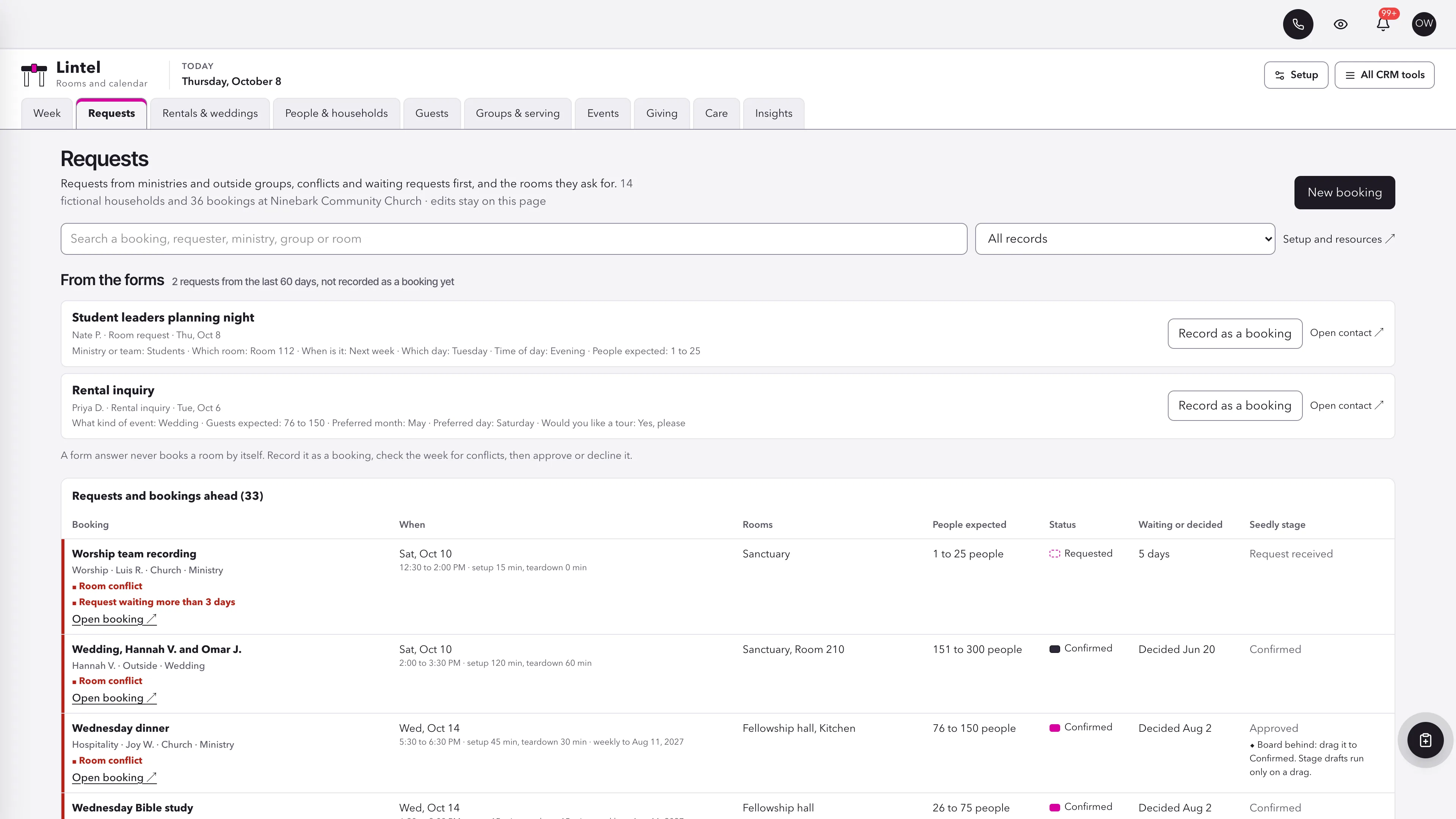 Requests in the GoSeedly Facilities & Calendar Church CRM Kit with fictional sample records