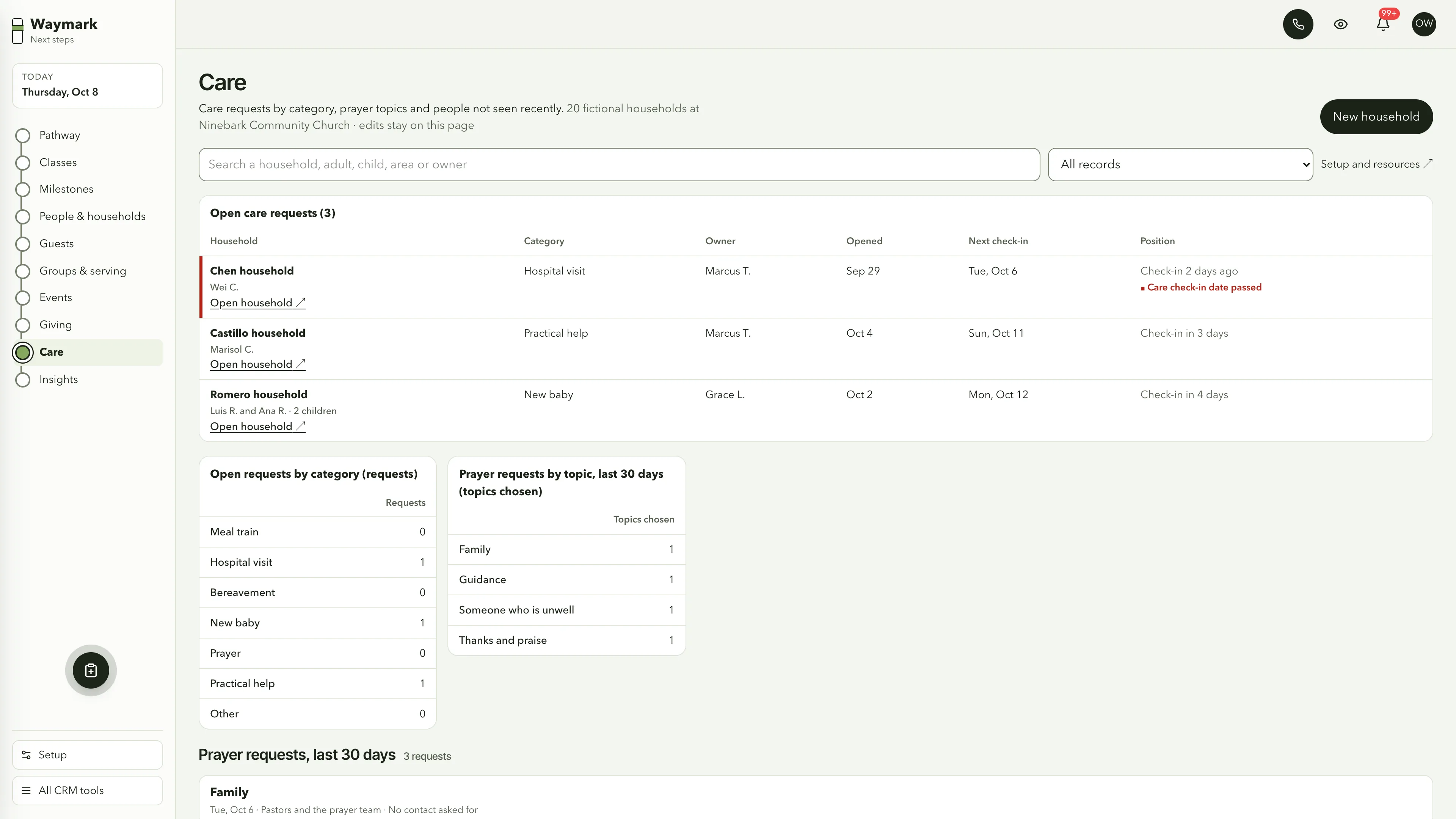 Care in the GoSeedly Next Steps Church CRM Kit with fictional sample records