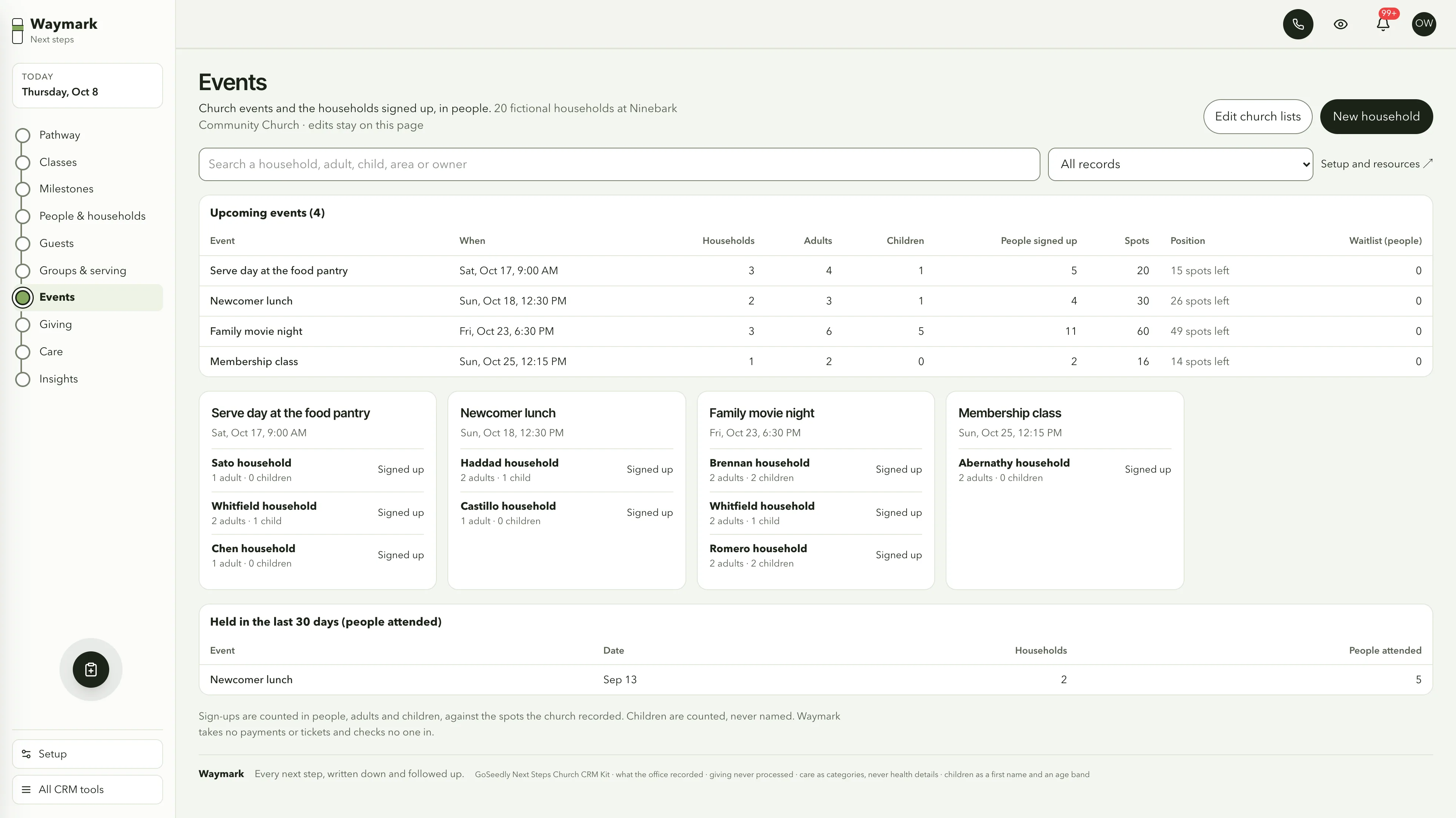 Events in the GoSeedly Next Steps Church CRM Kit with fictional sample records