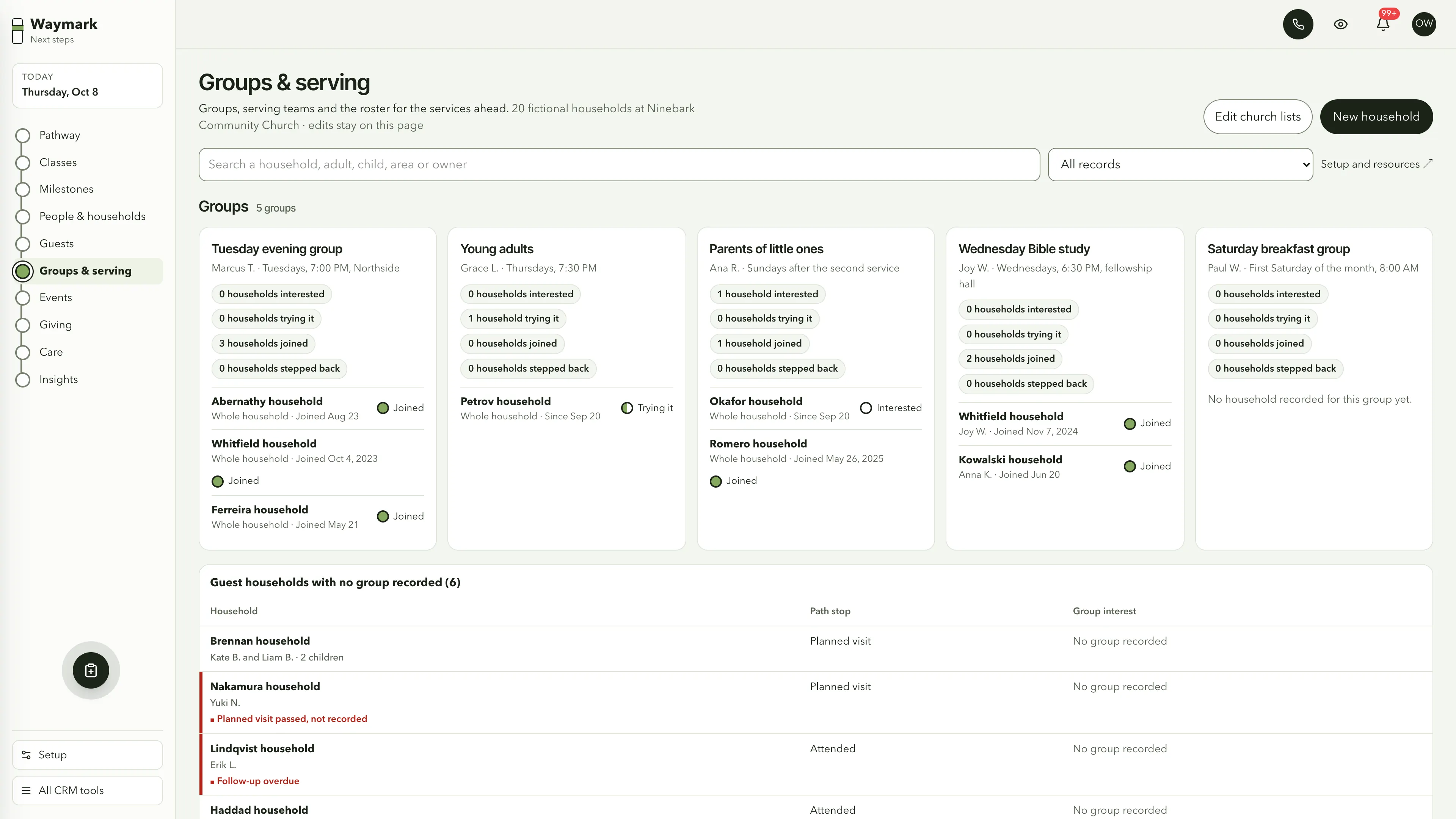 Groups & serving in the GoSeedly Next Steps Church CRM Kit with fictional sample records