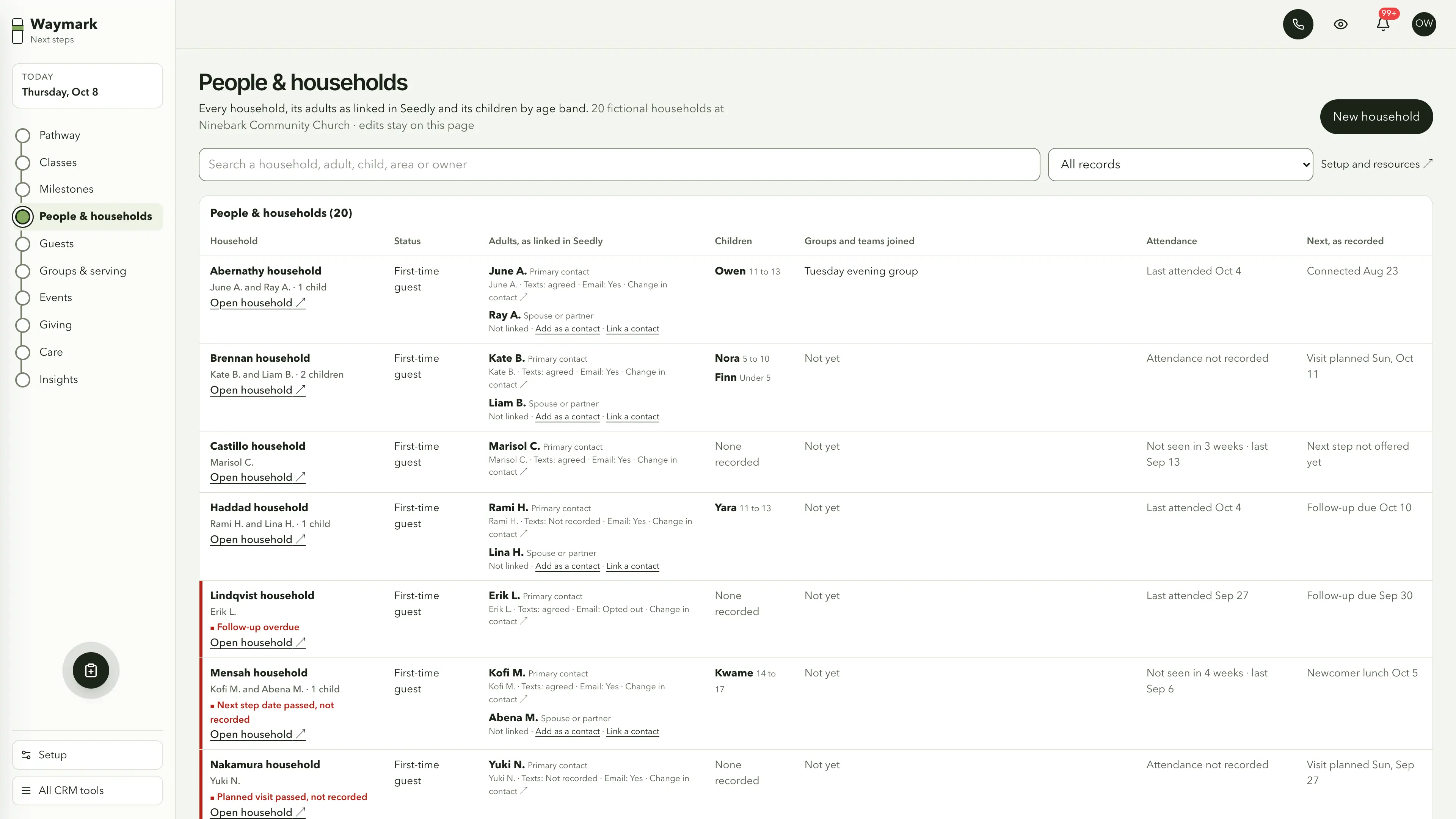 People & households in the GoSeedly Next Steps Church CRM Kit with fictional sample records