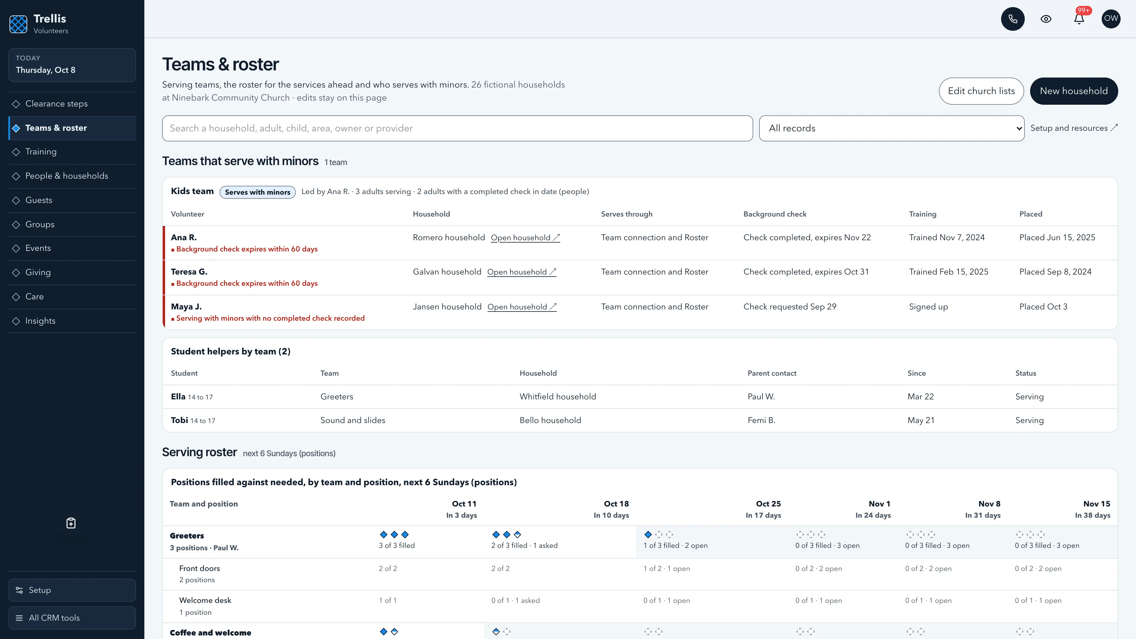 Teams & roster in the GoSeedly Volunteers Church CRM Kit with fictional sample records