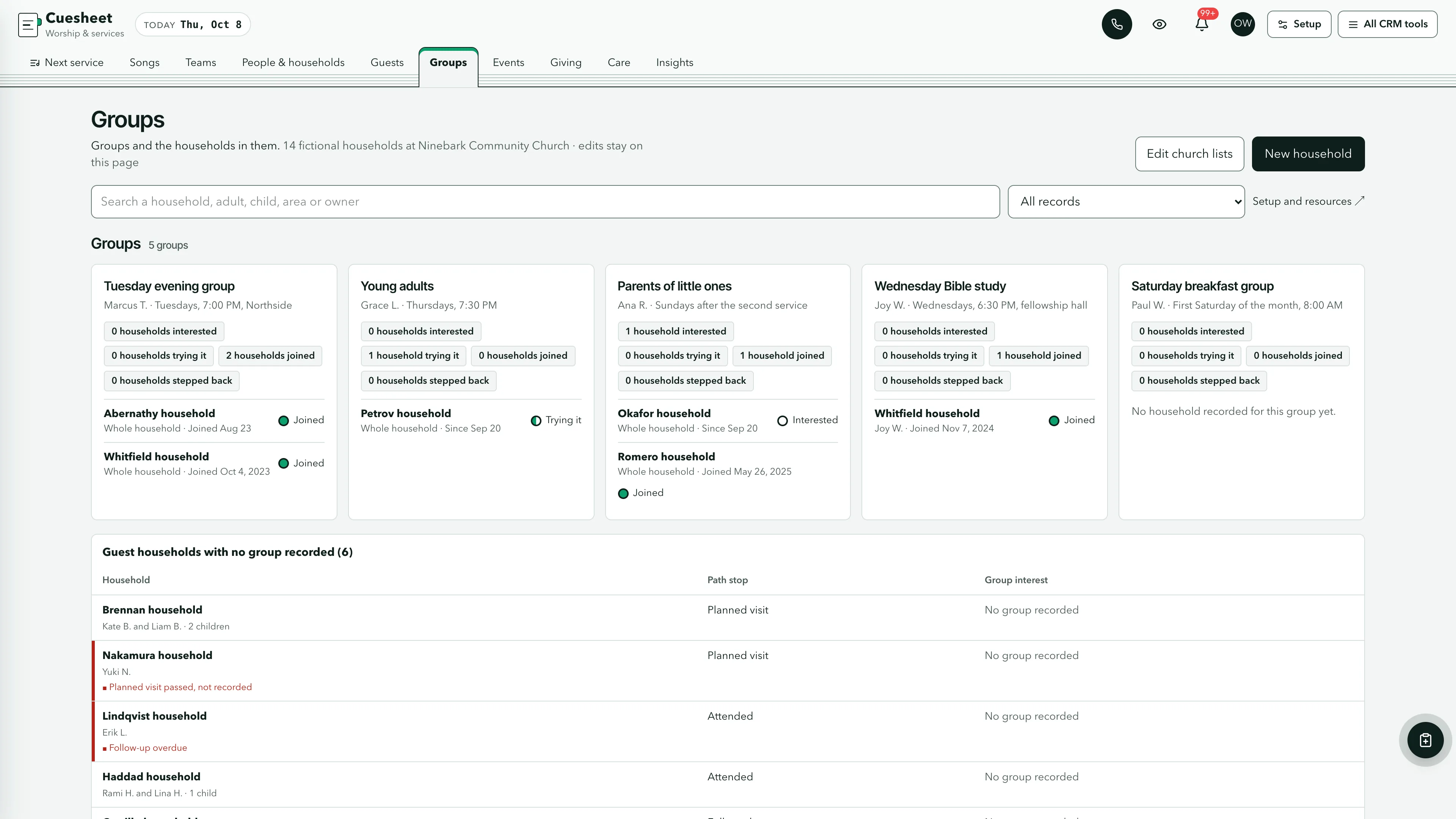 Groups in the GoSeedly Worship & Services Church CRM Kit with fictional sample records