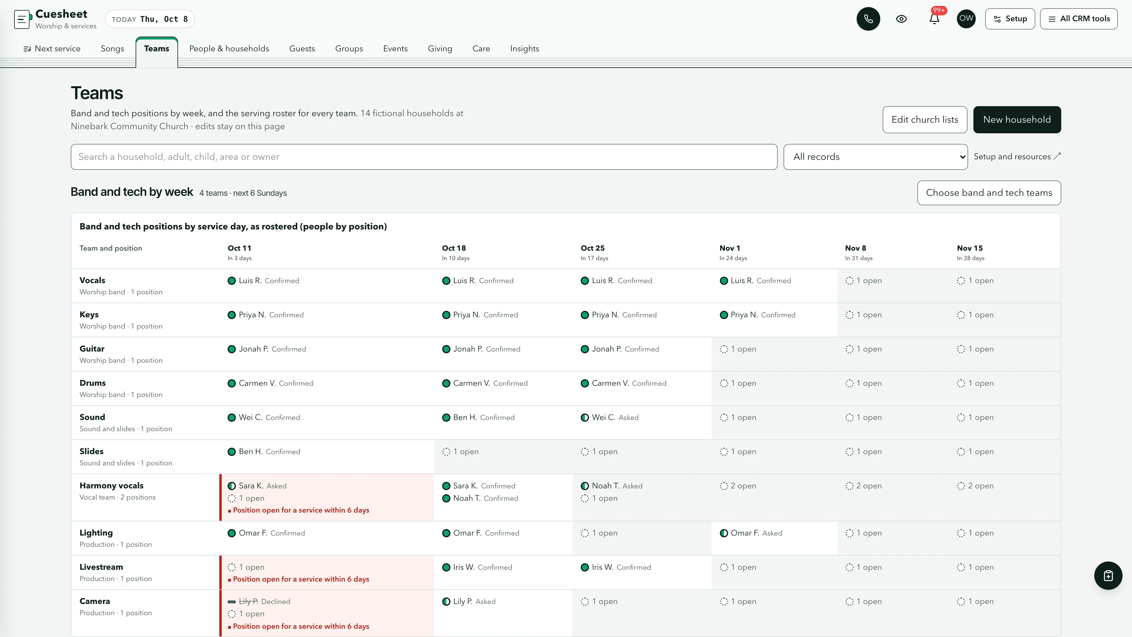 Teams in the GoSeedly Worship & Services Church CRM Kit with fictional sample records
